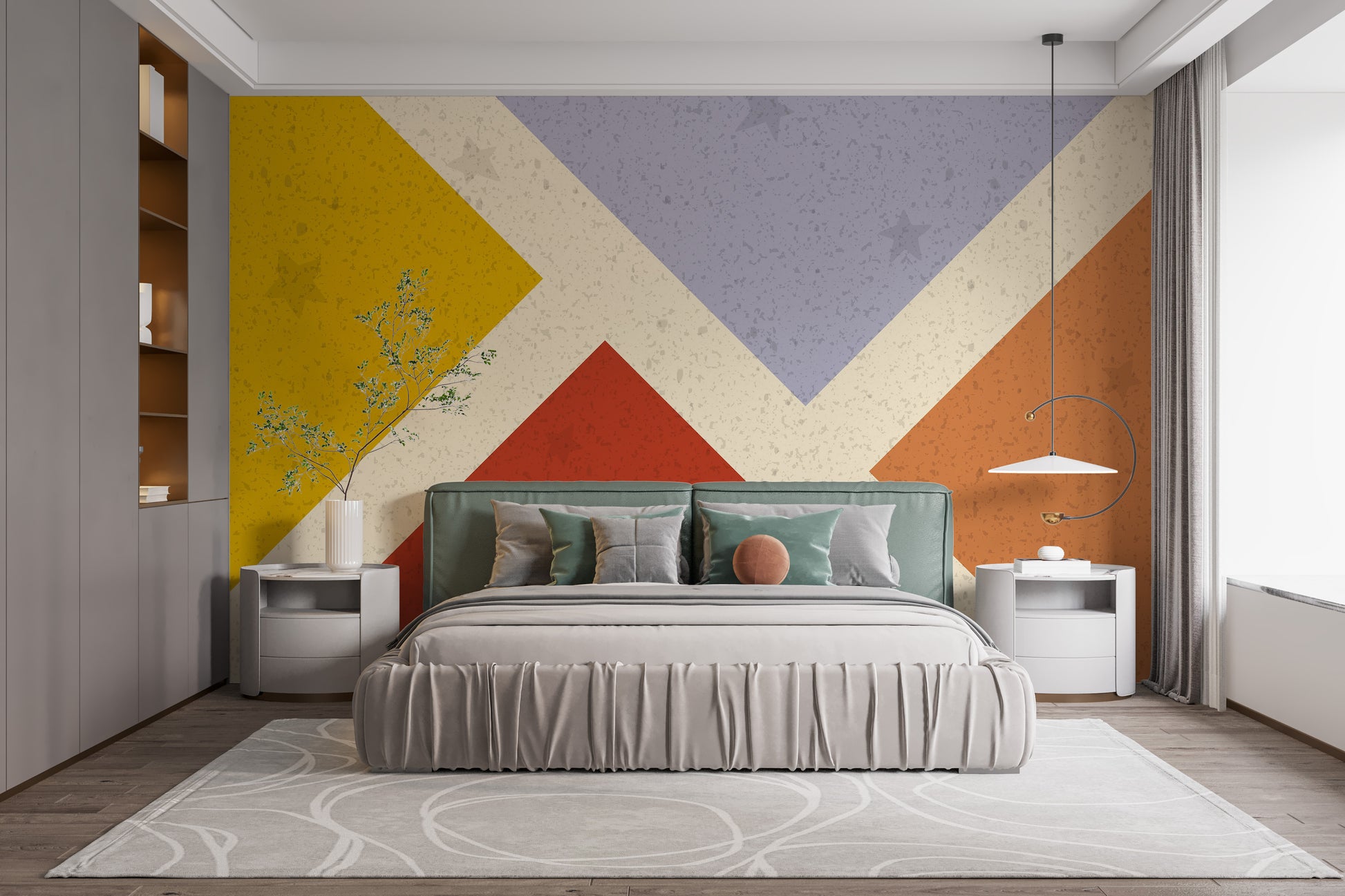 Abstract mural with geometric patterns for contemporary decor.
