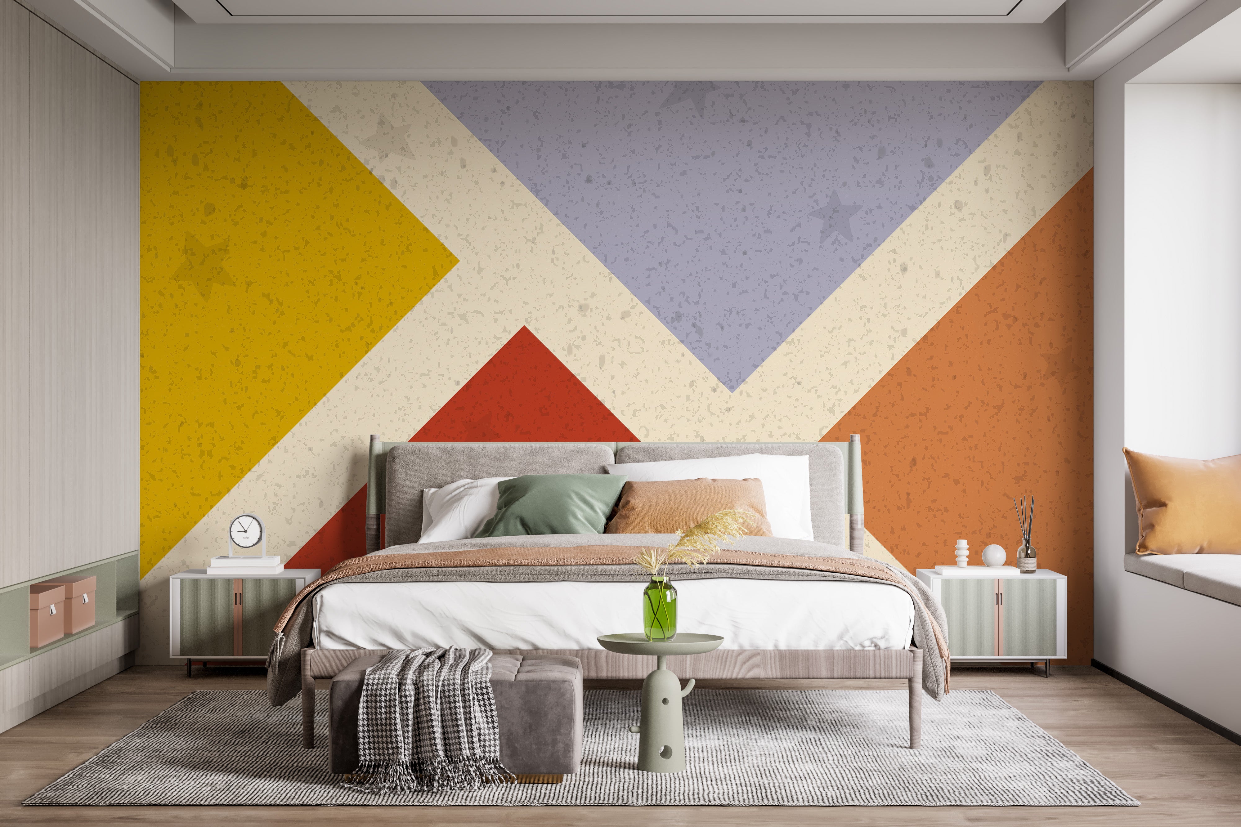 Geometric design mural with abstract shapes for stylish interiors.
