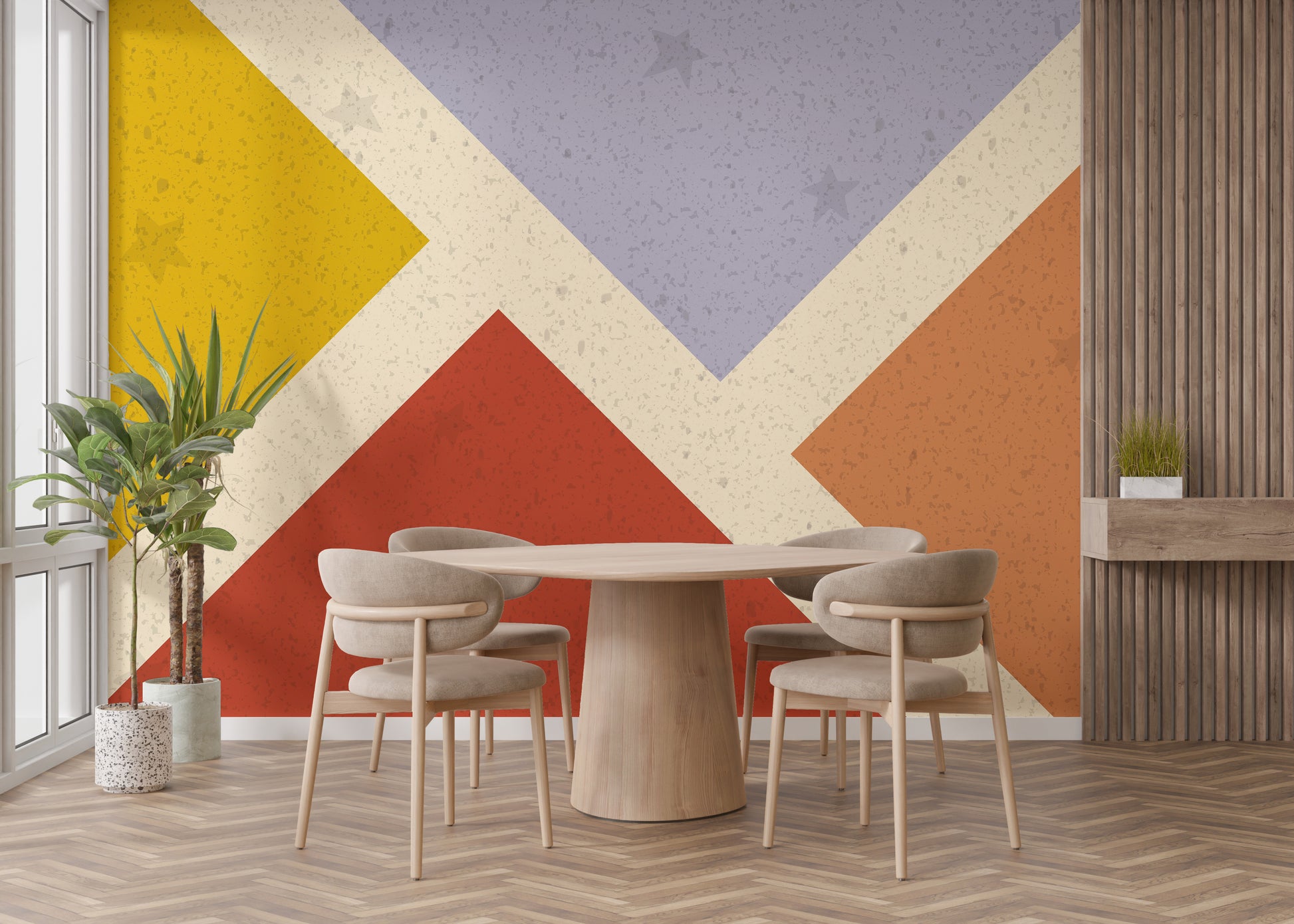 Artistic wall mural featuring abstract geometric design elements.
