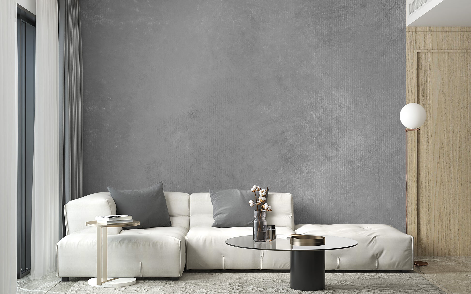 Textured gray wallpaper mural with rustic charm for interiors.
