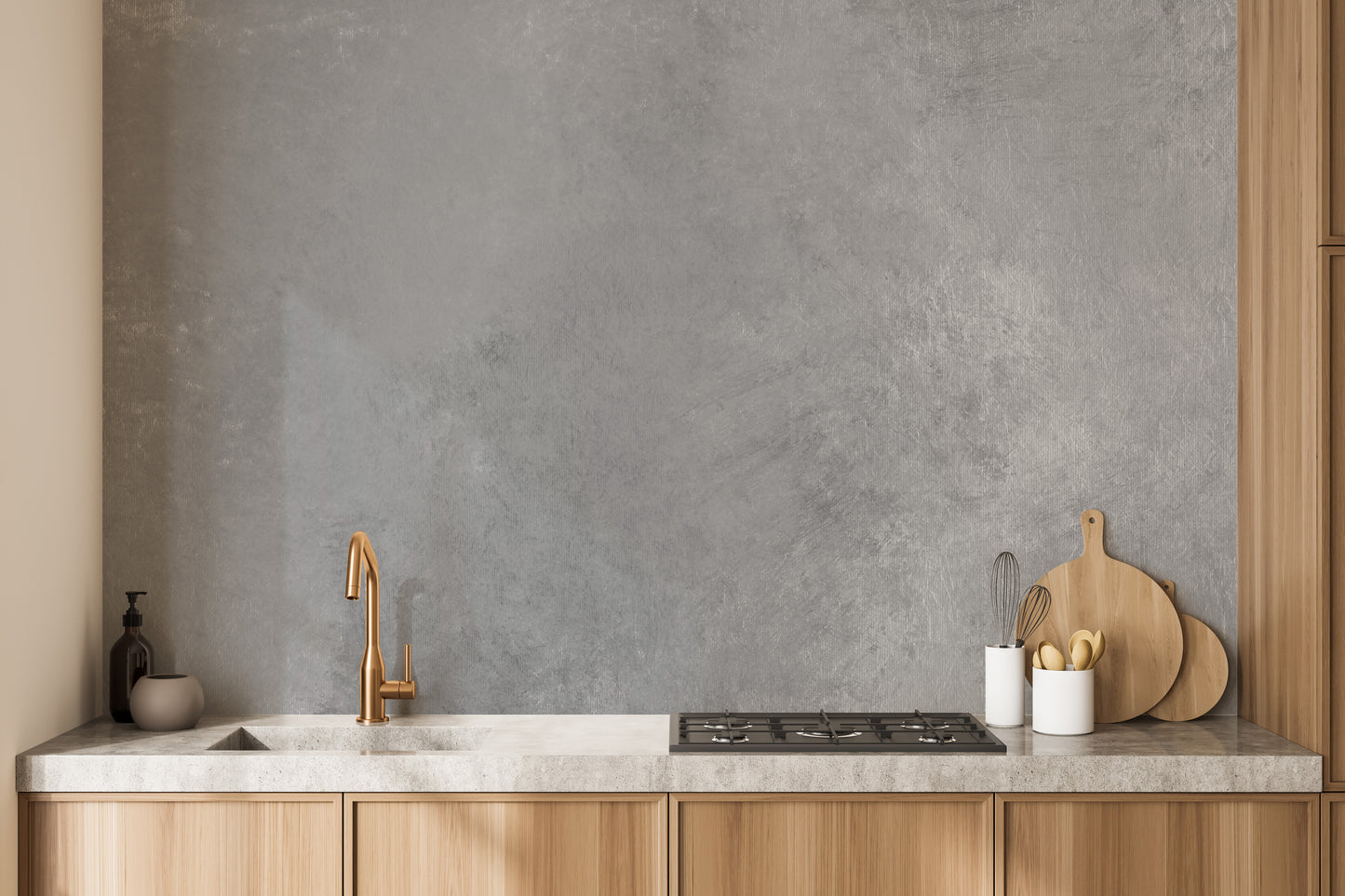 Textured gray wallpaper mural for rustic-inspired interiors.
