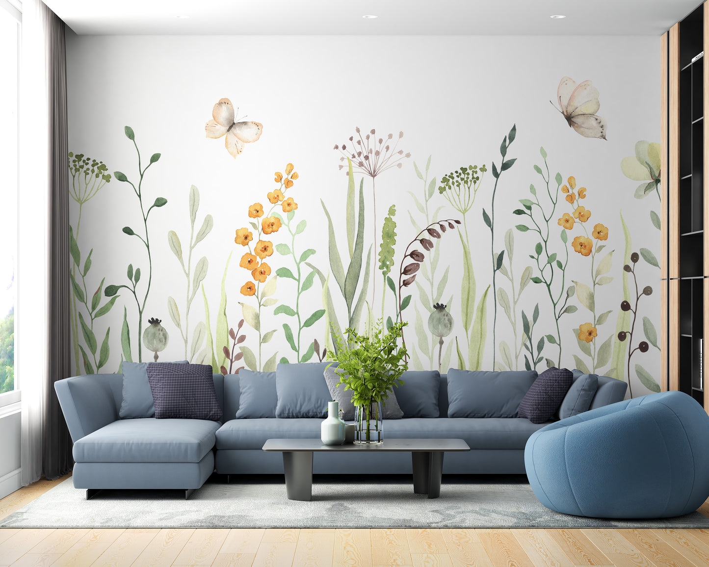 Butterfly Oasis Watercolor Meadow Floral Art Murals