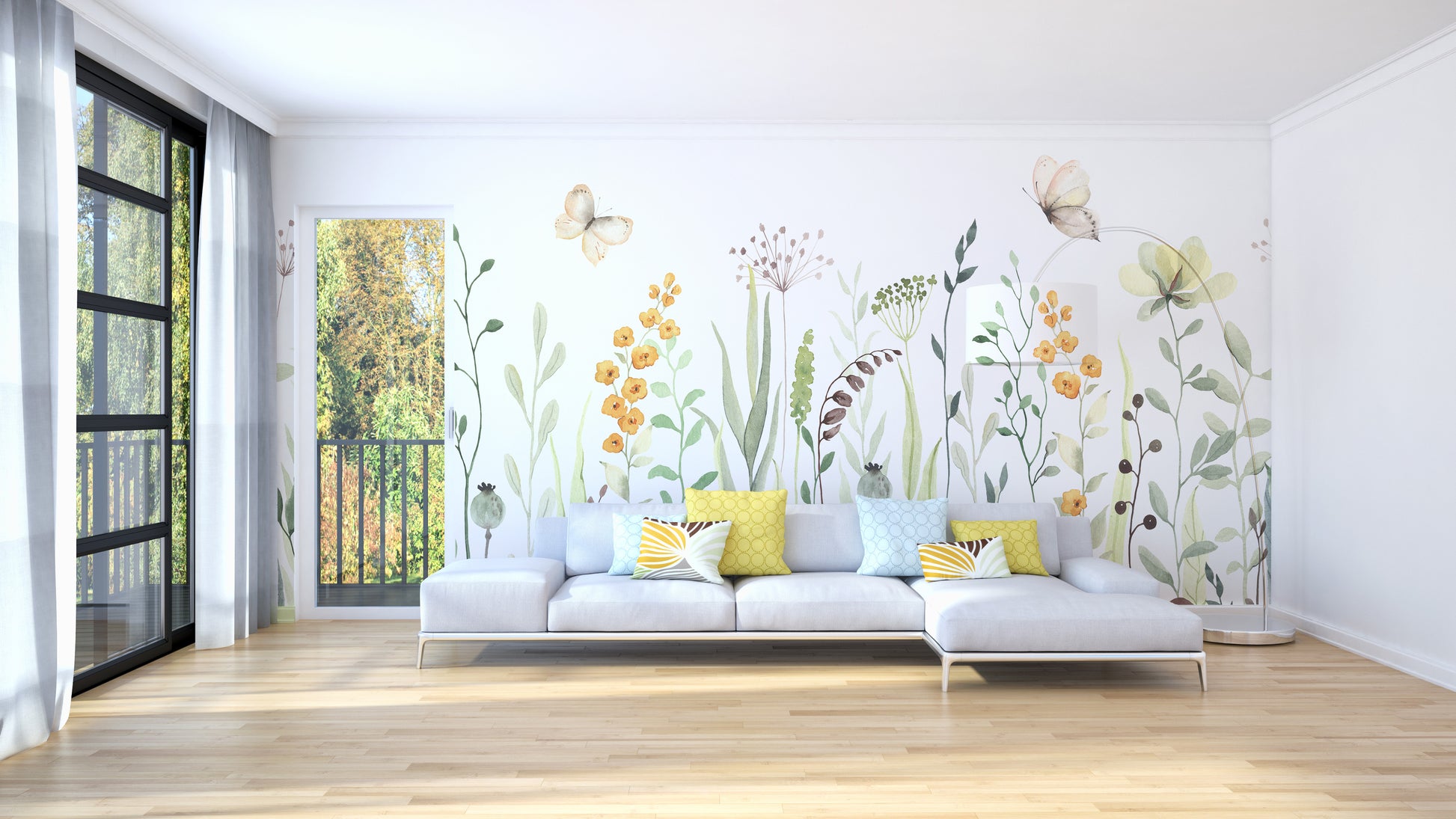 Butterfly oasis mural featuring watercolor floral meadow art.
