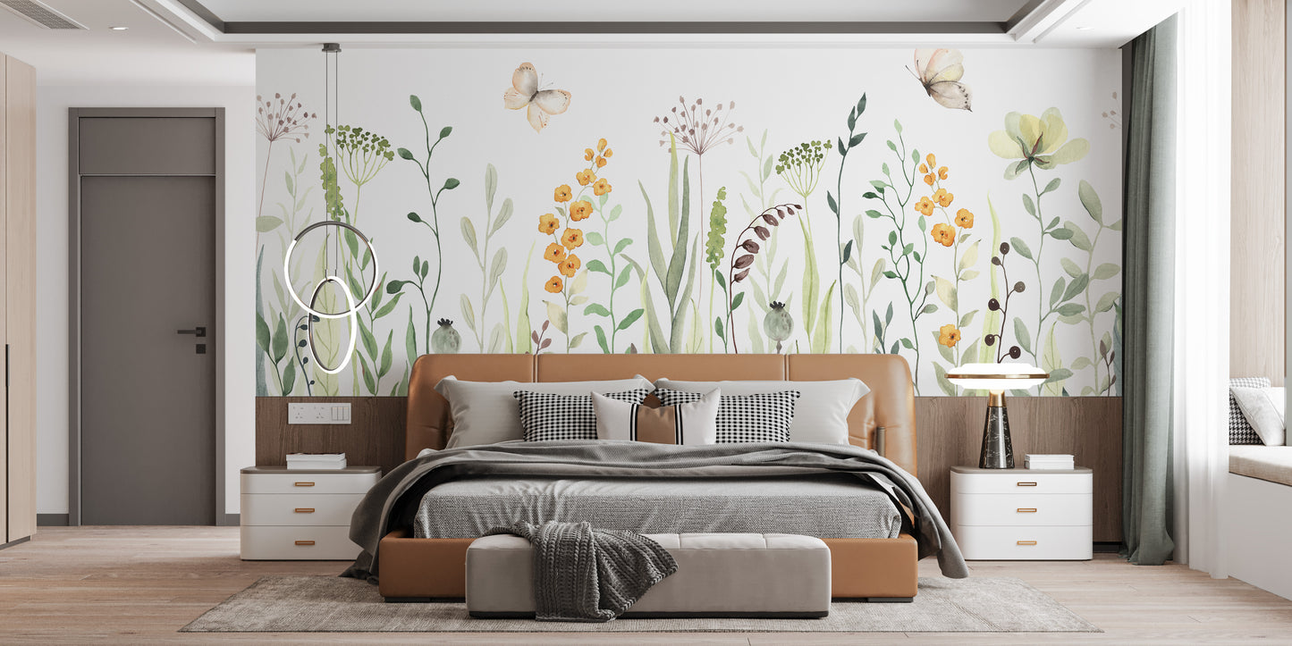 Butterfly Oasis Watercolor Meadow Floral Art Murals