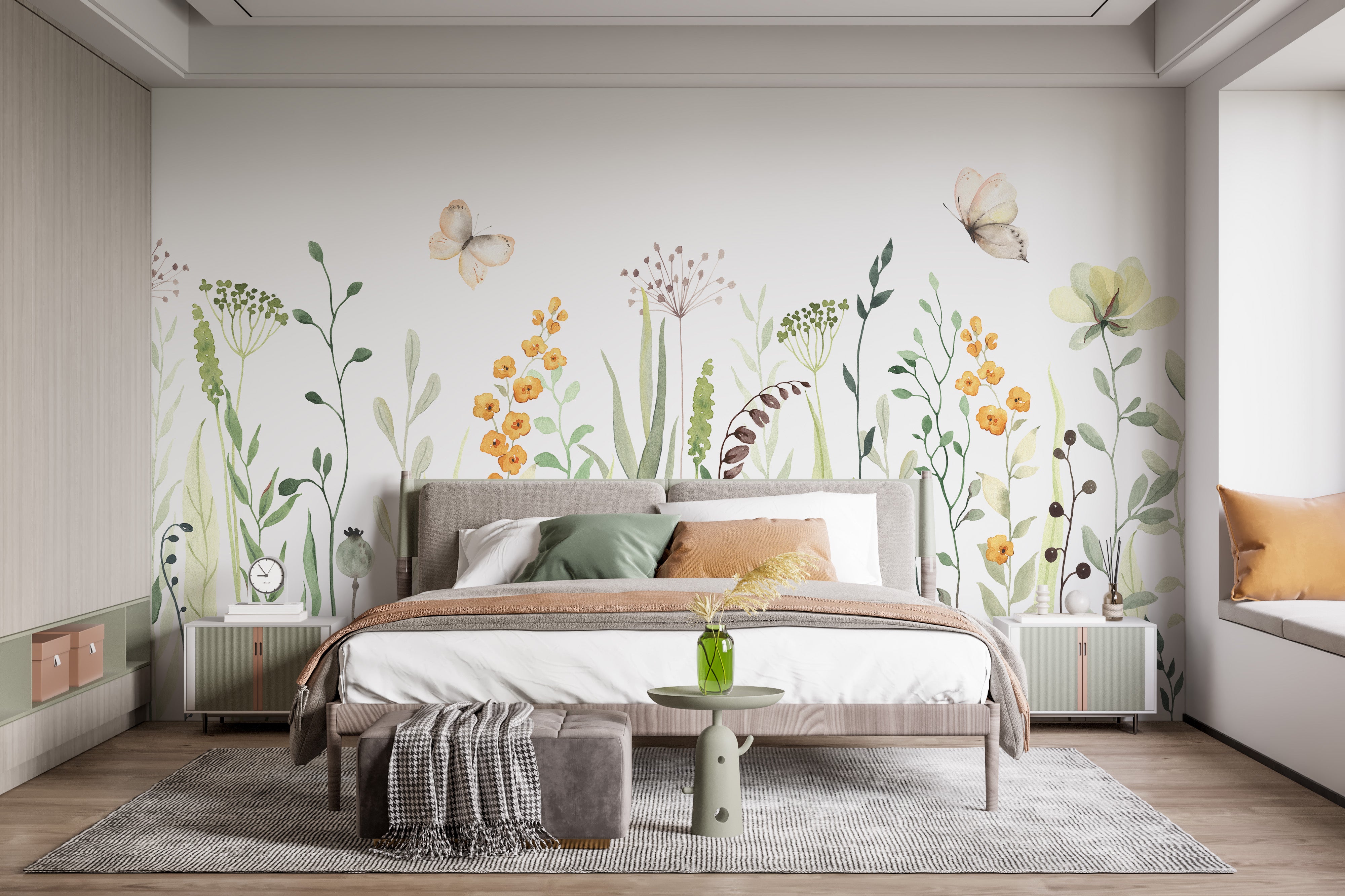 Watercolor mural with butterflies and meadow florals for walls.
