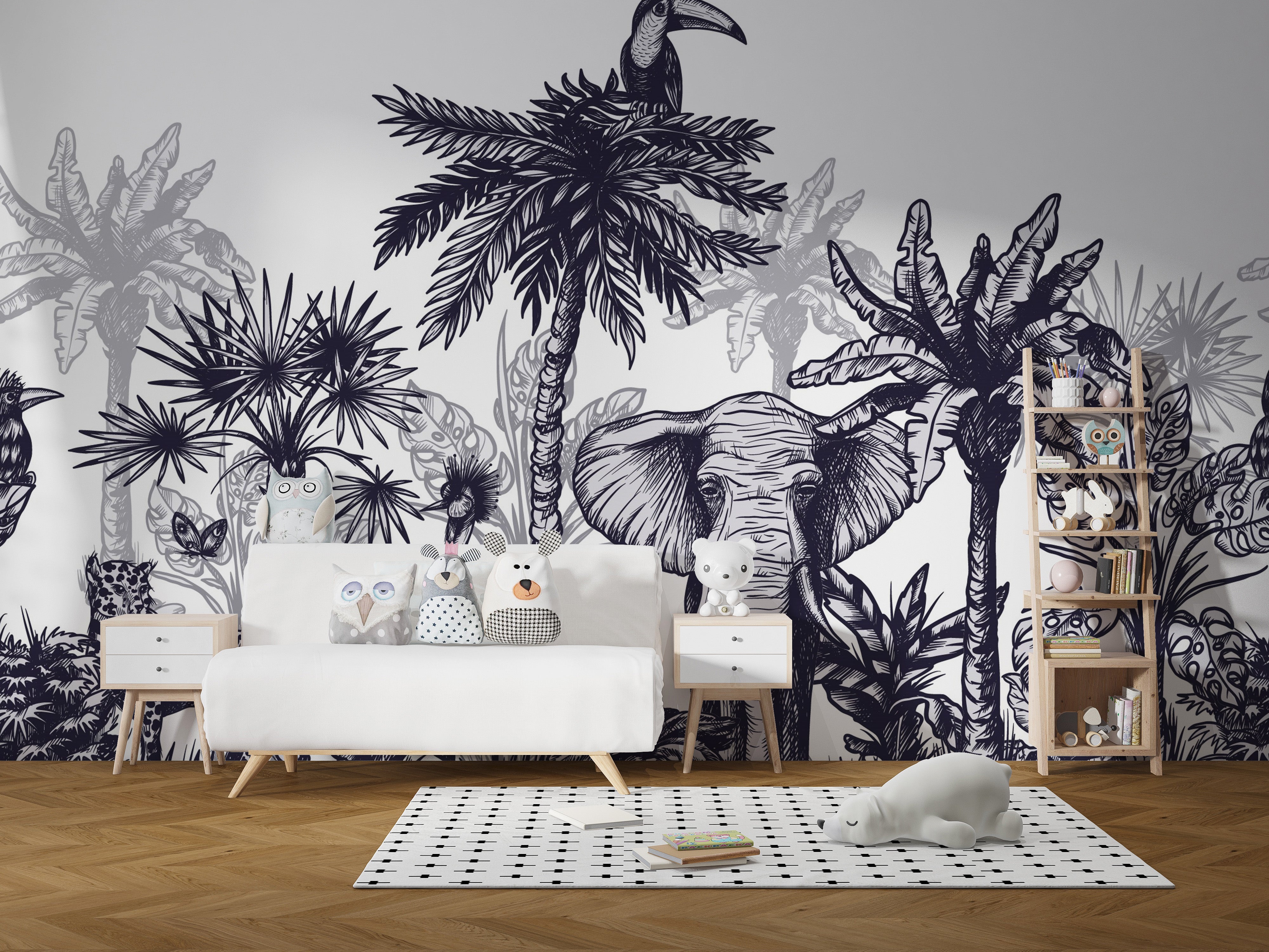 Colorful tropical paradise mural with vibrant wildlife details.
