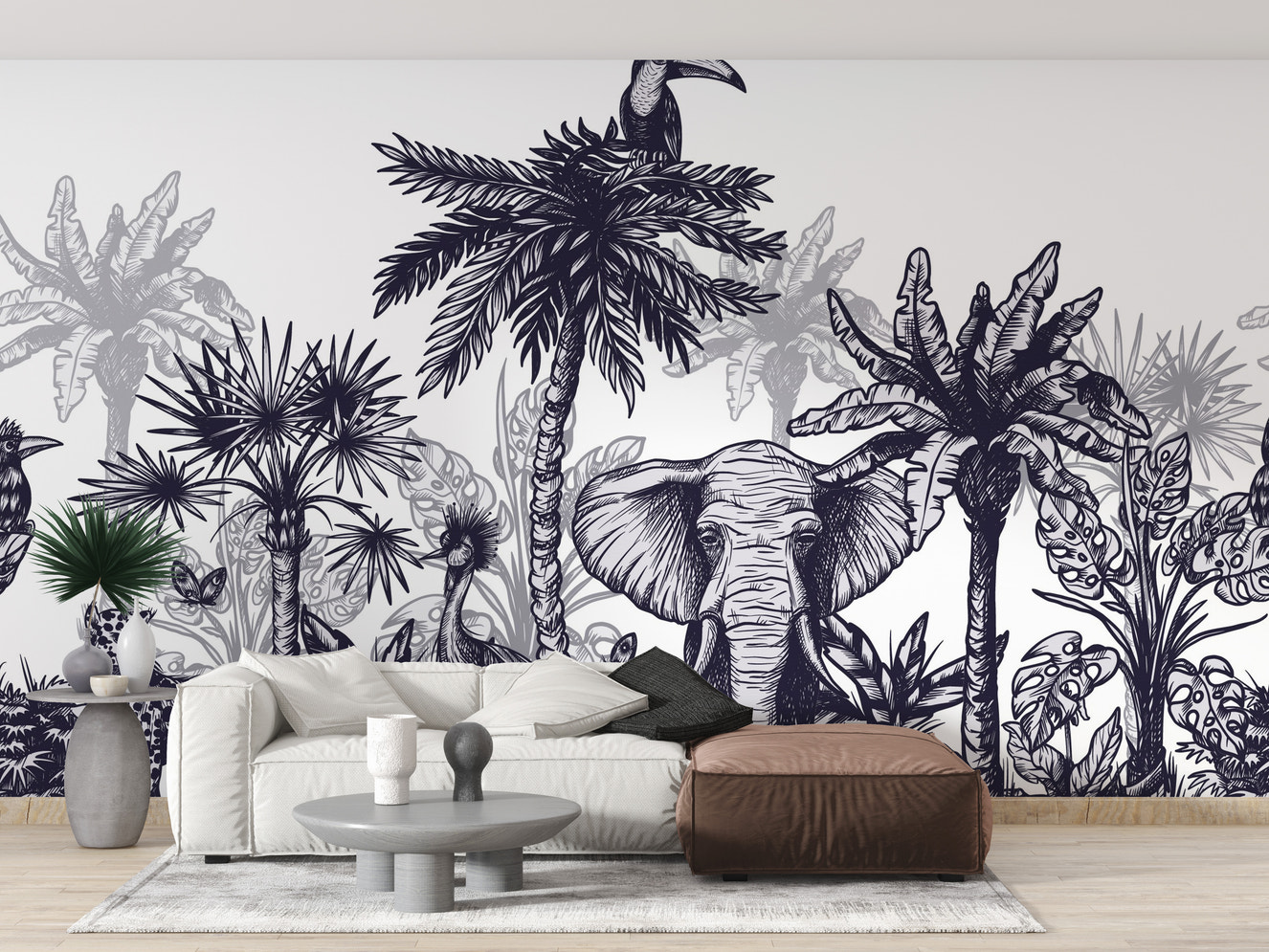 Vibrant wildlife mural with lush tropical paradise for interiors.
