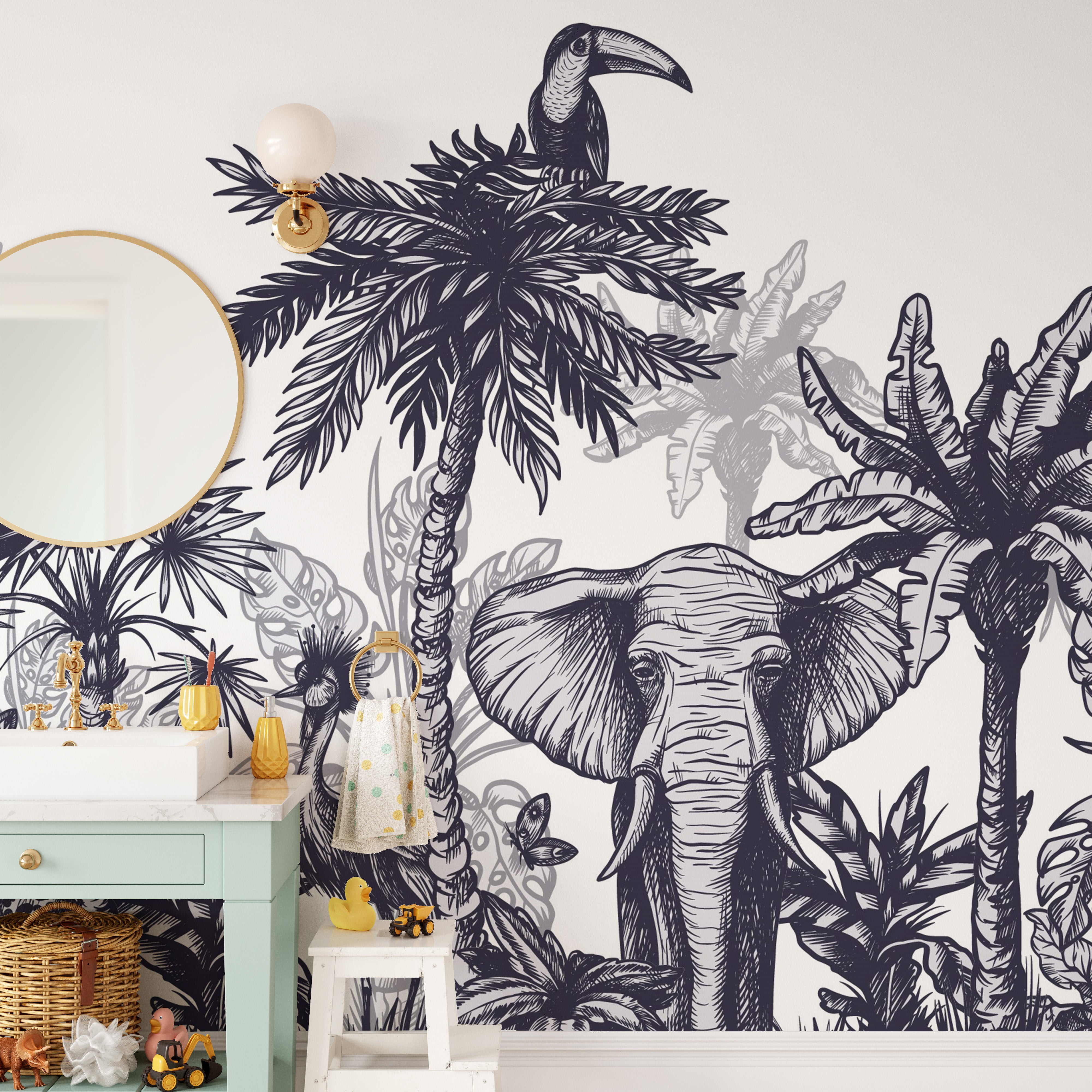 Wildlife mural featuring exotic animals in a tropical landscape.
