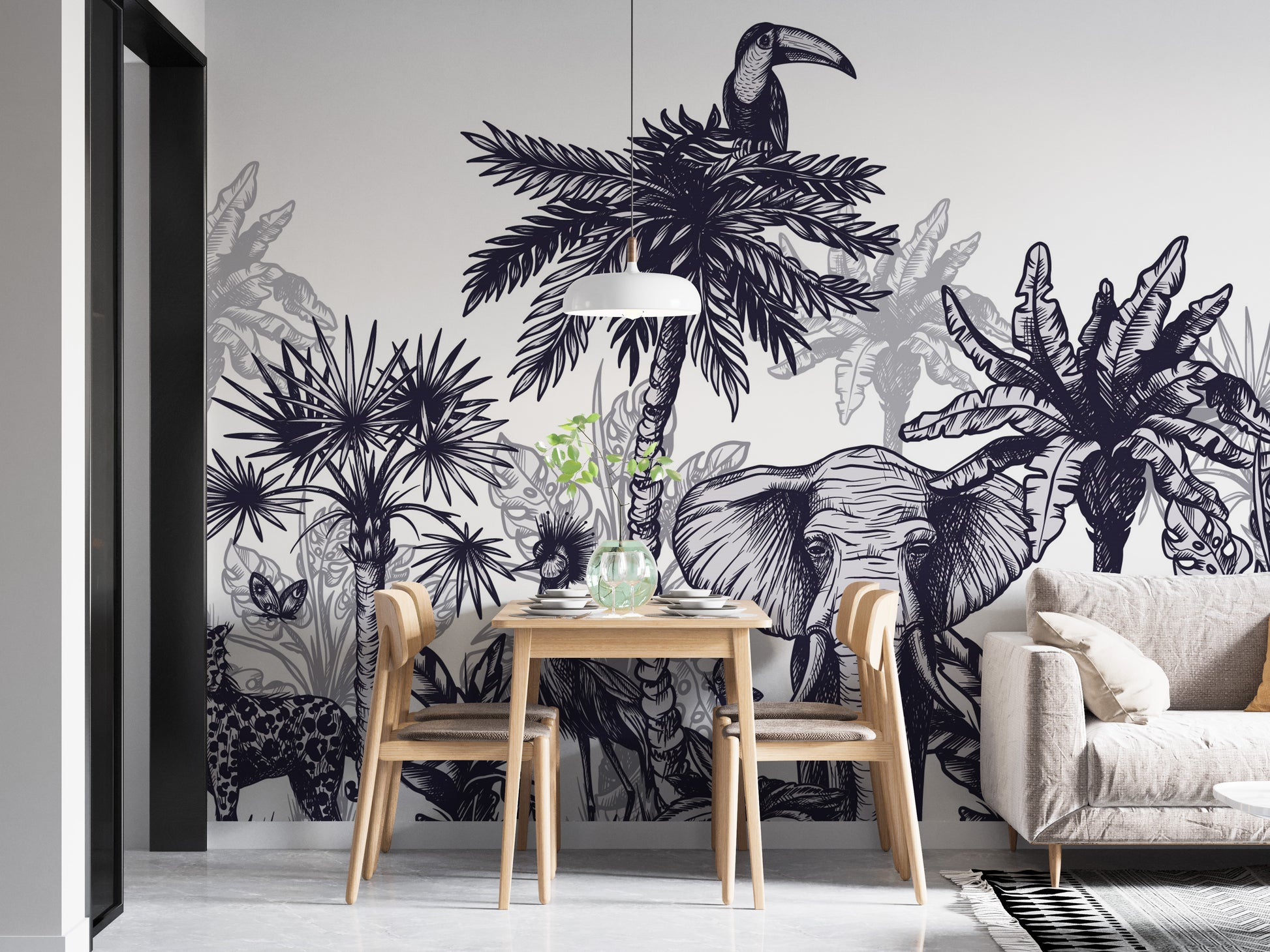 Artistic mural of vibrant wildlife in a tropical paradise setting.
