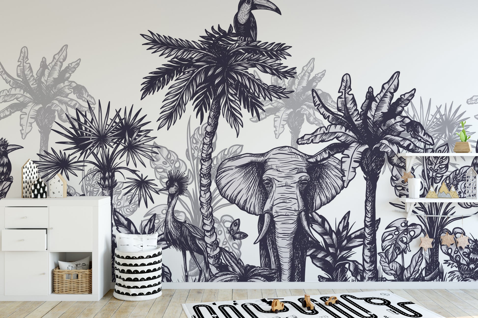 Tropical paradise mural featuring vibrant wildlife and greenery.
