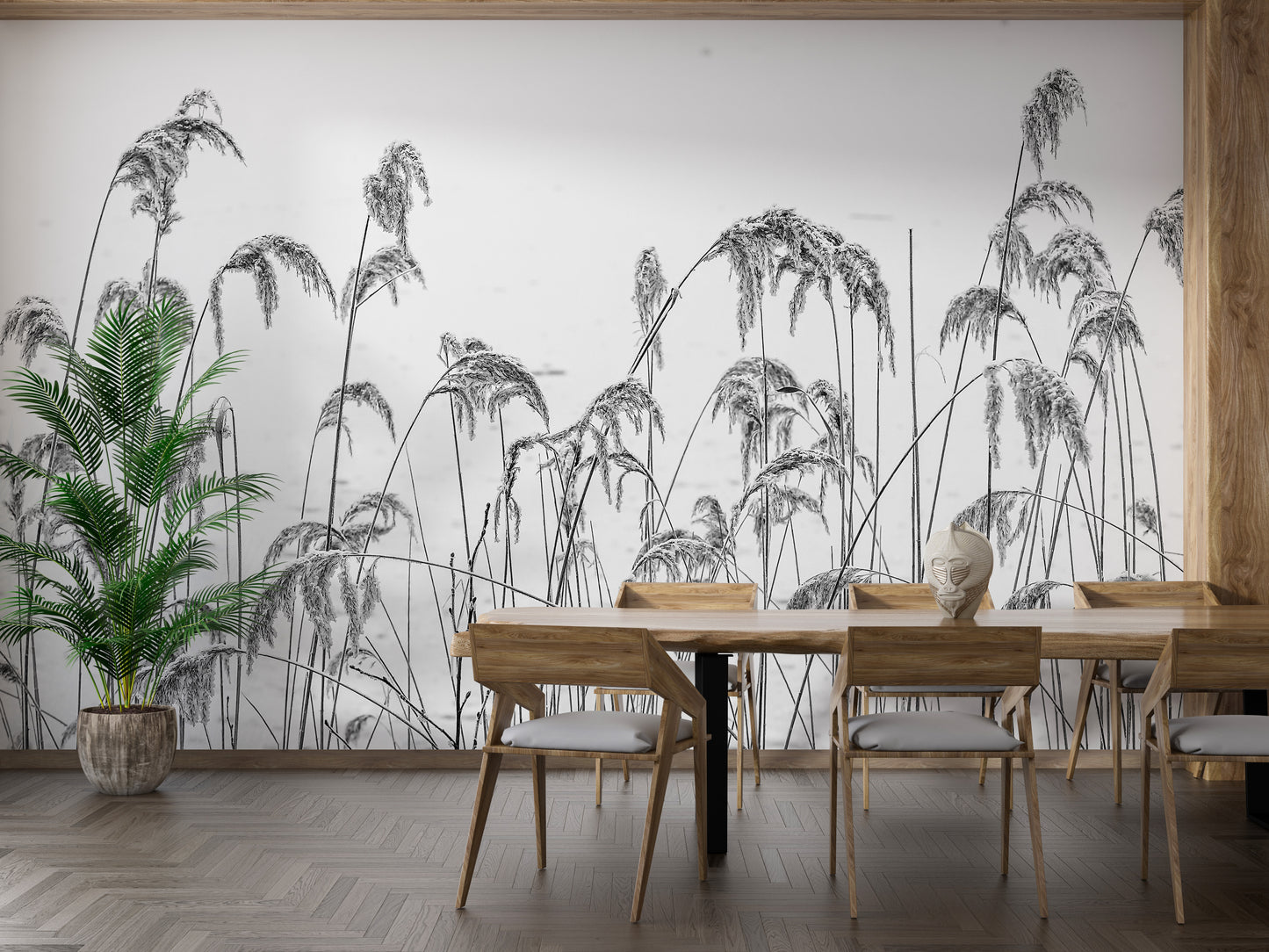 Artistic self-adhesive mural with a scenic reed field landscape.
