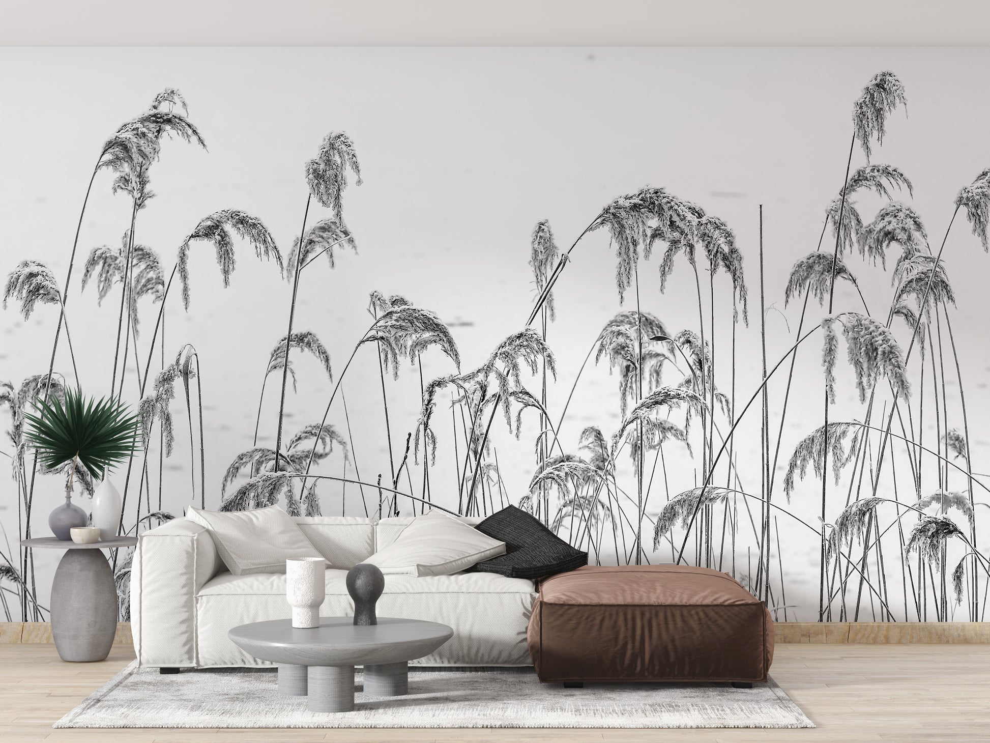 Reed field mural with self-adhesive design for effortless decor.
