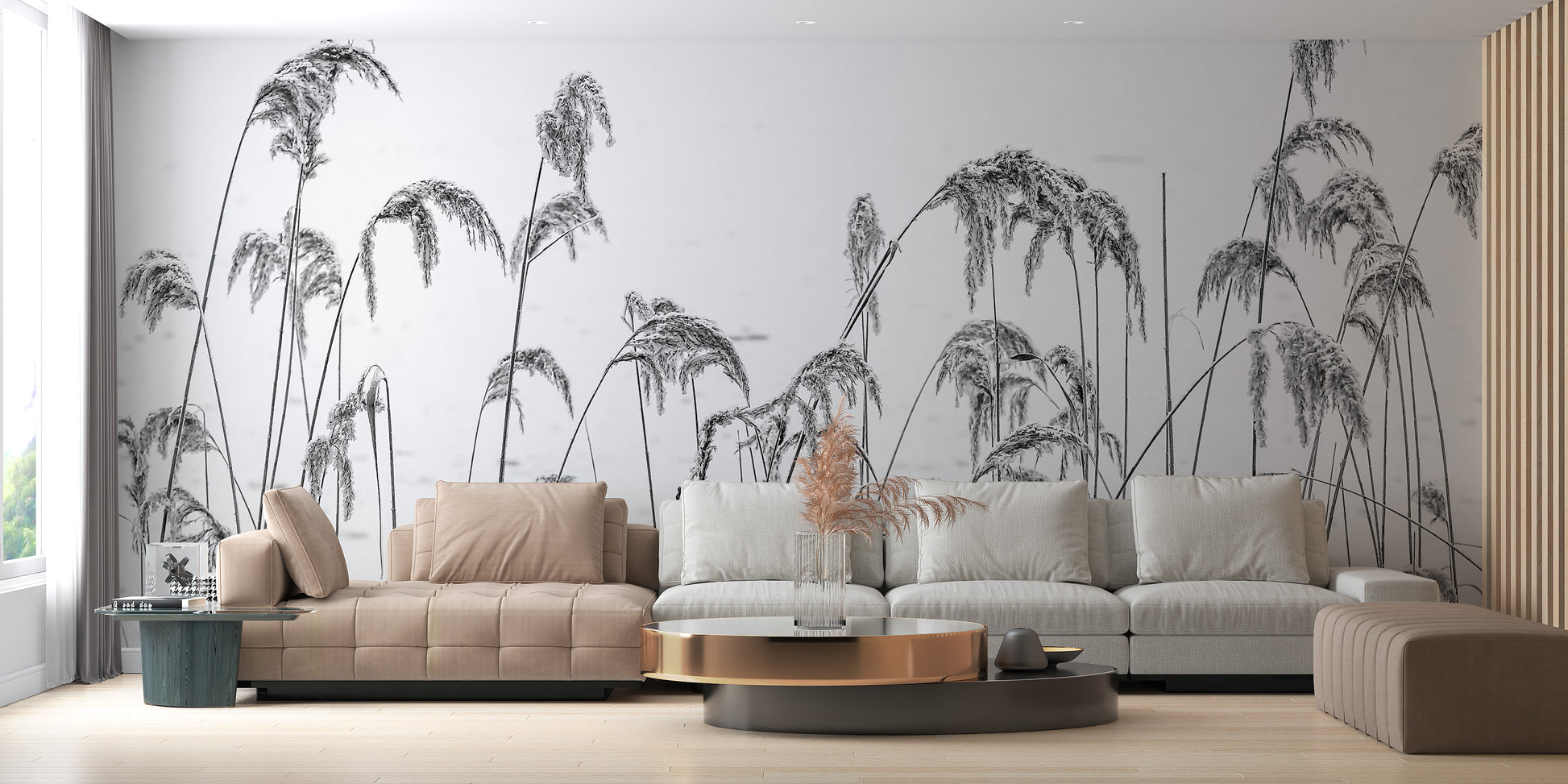 Wall mural showcasing a tranquil reed field with adhesive backing.
