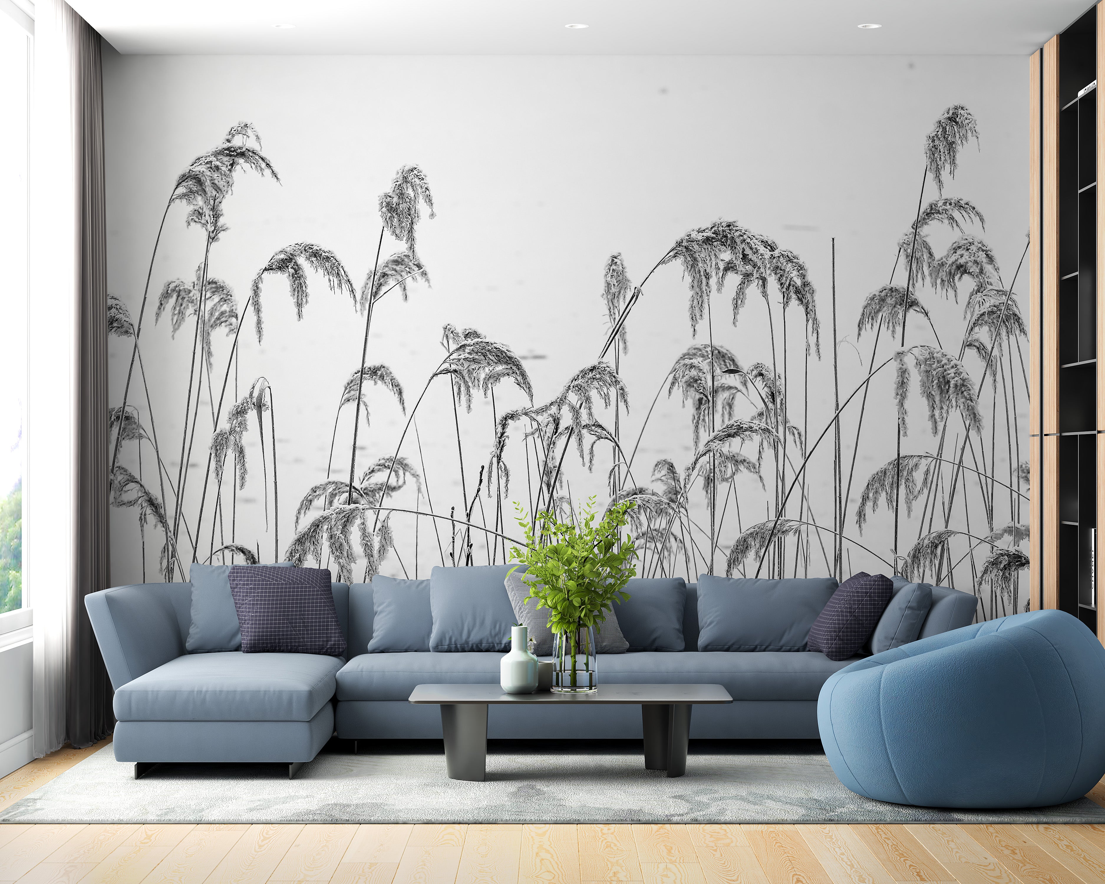 Easy-to-apply self-adhesive reed field mural for serene walls.
