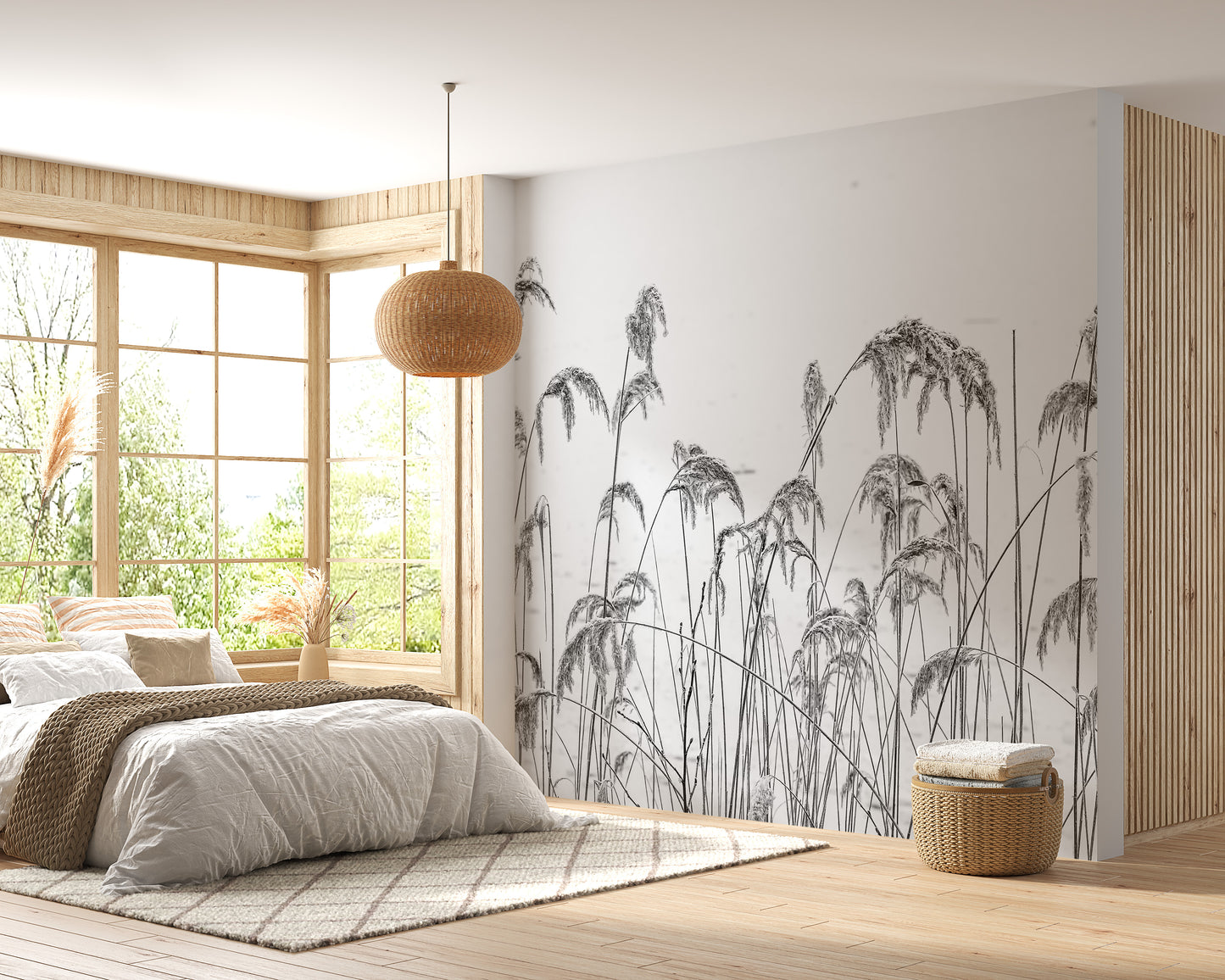 Reed field mural featuring lush landscapes and self-adhesive design.
