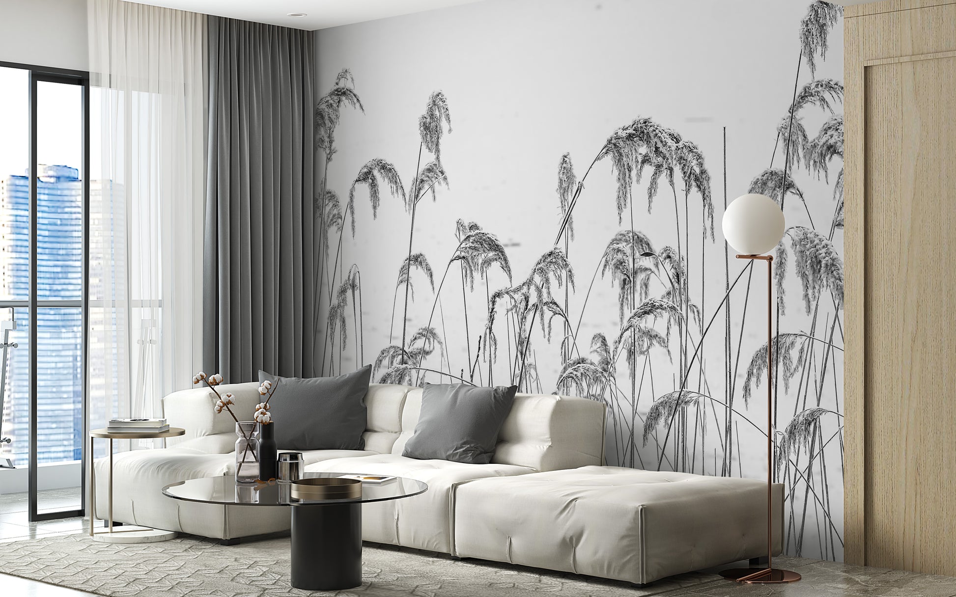 Self-adhesive reed field mural for natural and calming interiors.
