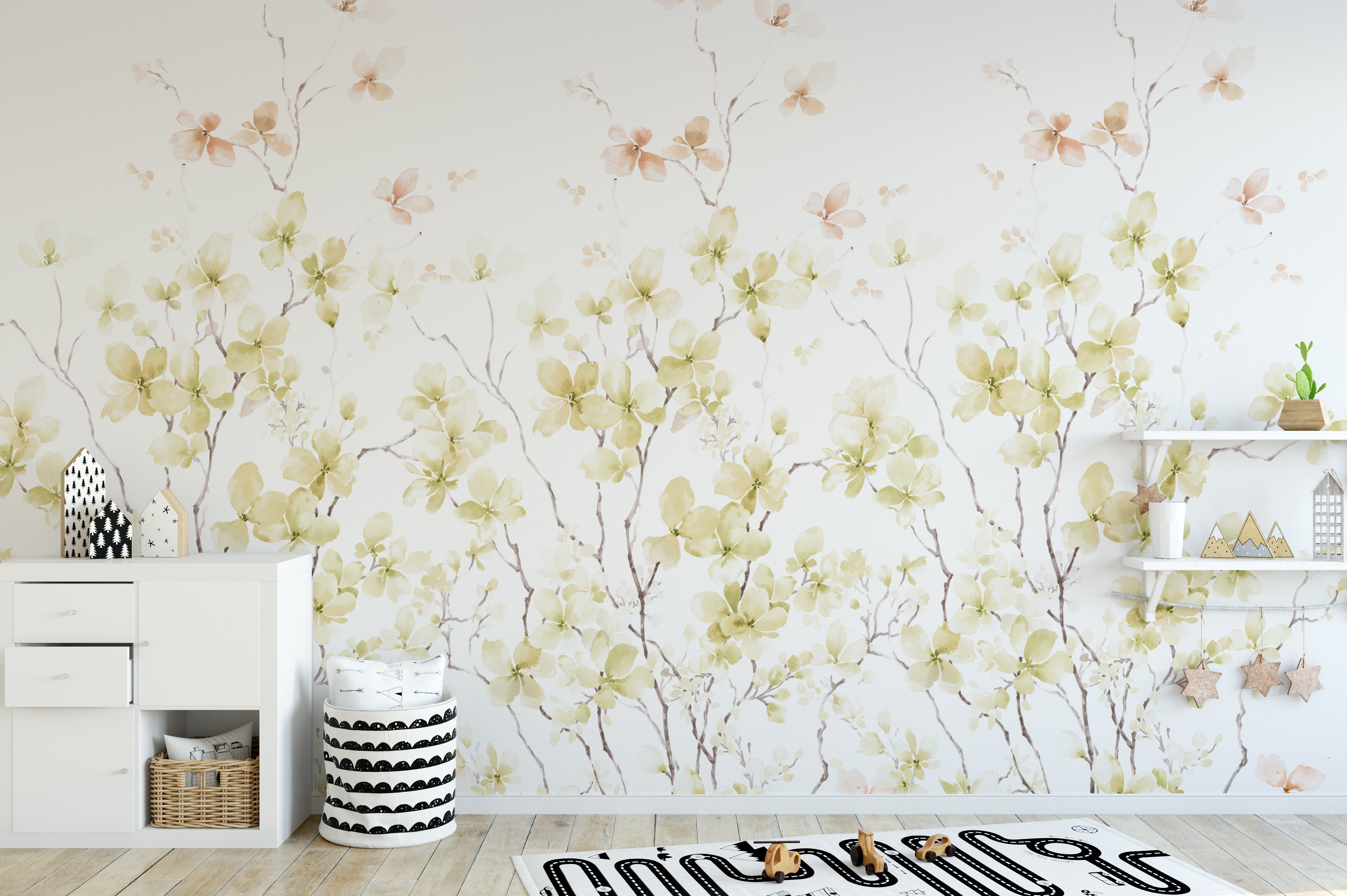 Artistic wall mural featuring watercolor floral designs.
