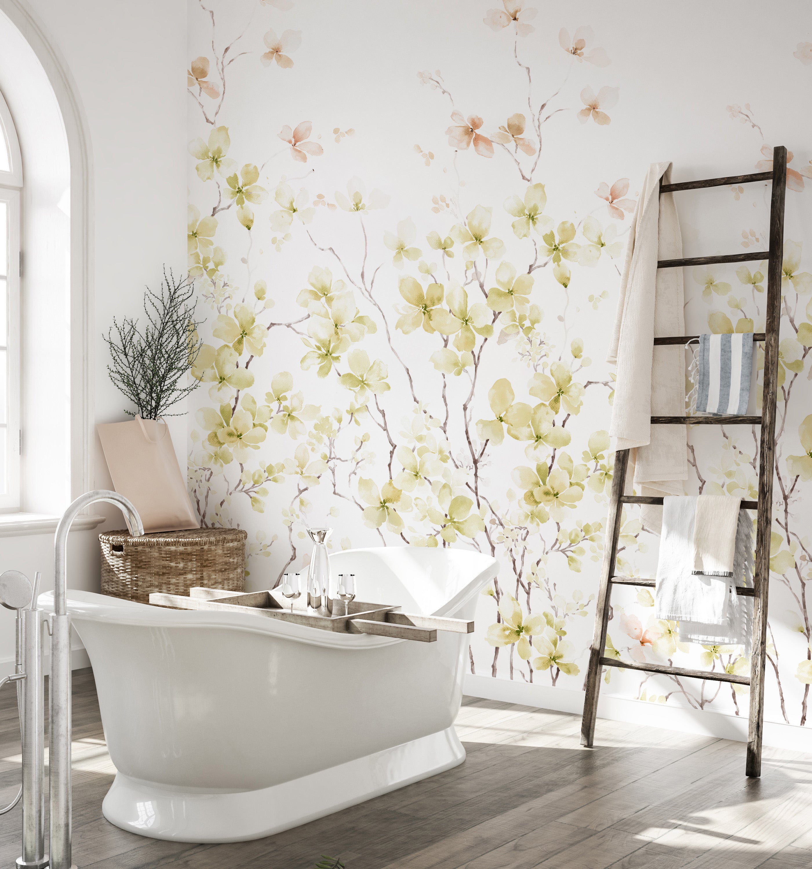 Wall mural with blooming flowers in watercolor for elegance.
