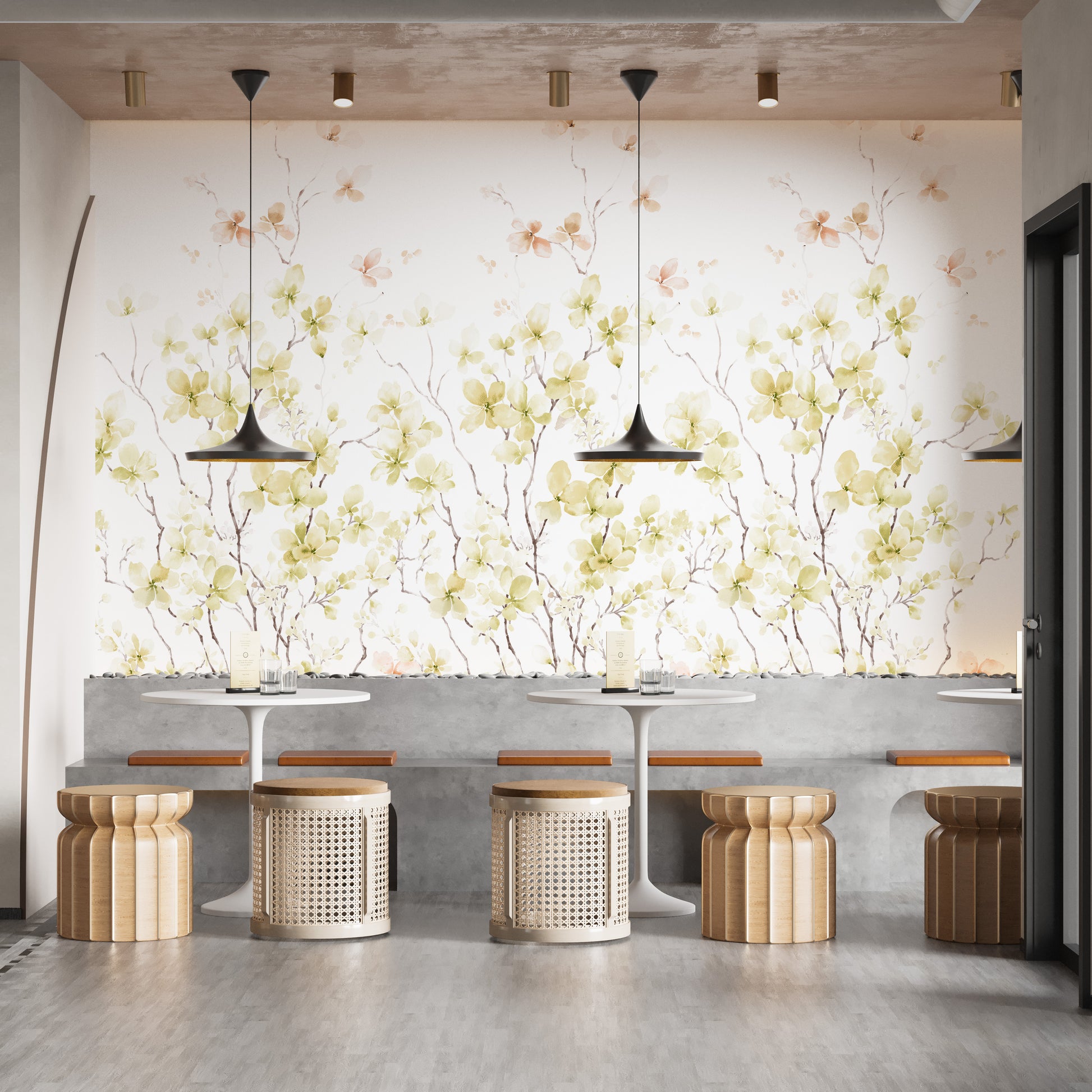 Delicate floral wall mural with soft watercolor artistry.
