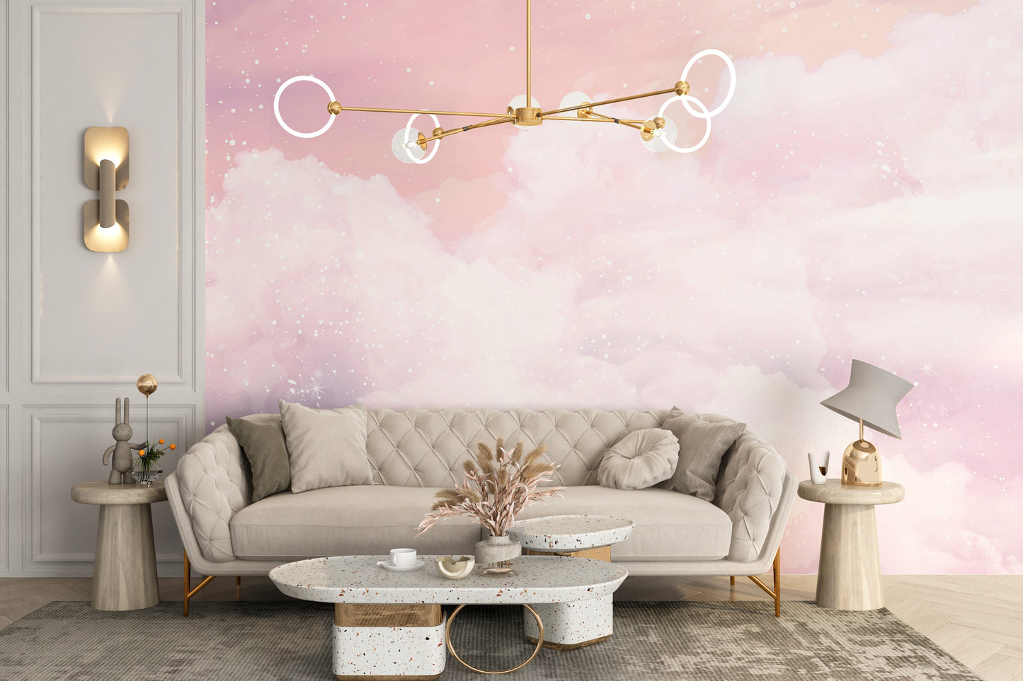 Soft pink pastel mural with glittery accents for serene walls.
