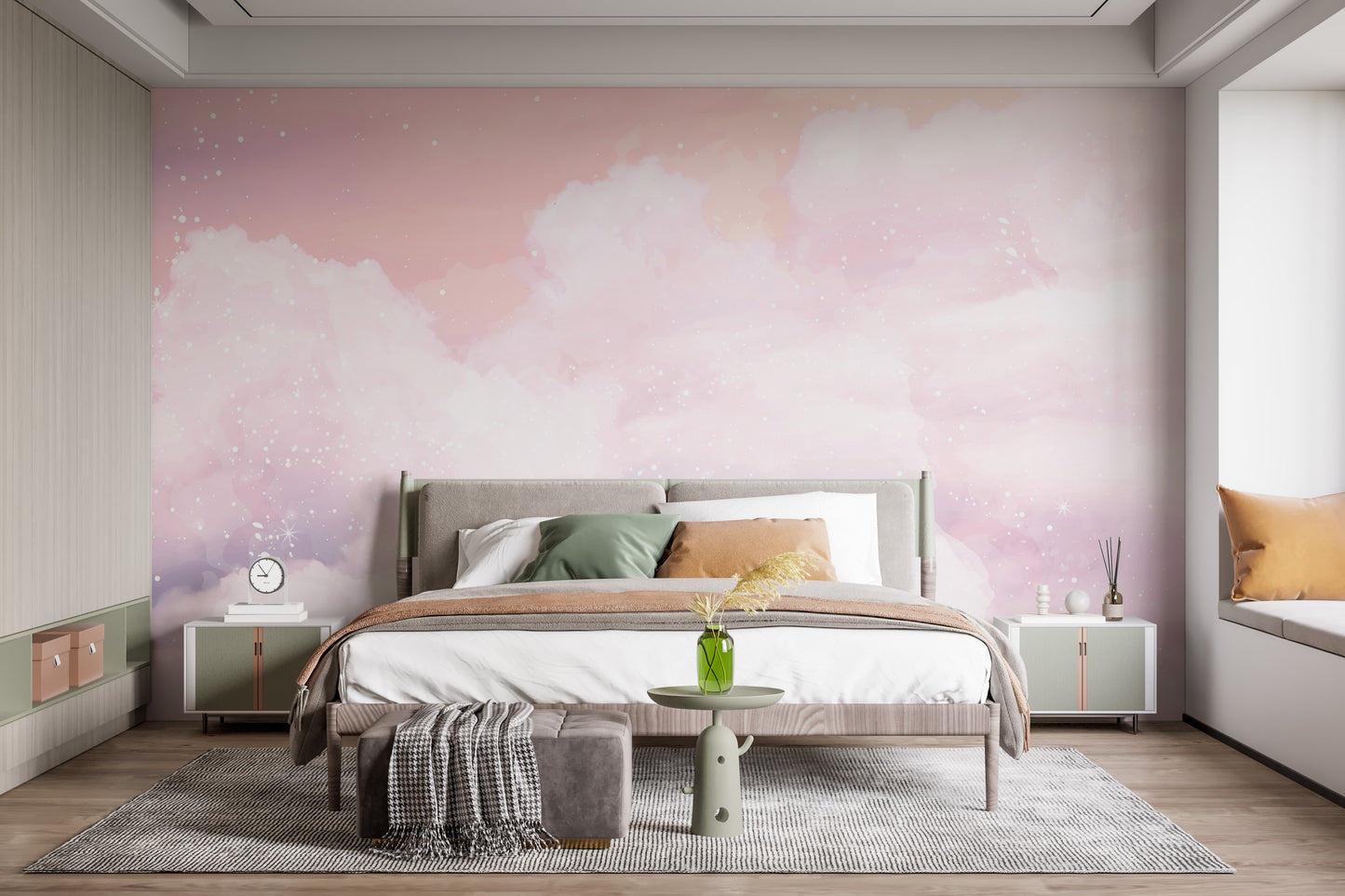 Glittery art mural in pastel pink for dreamy and elegant decor.
