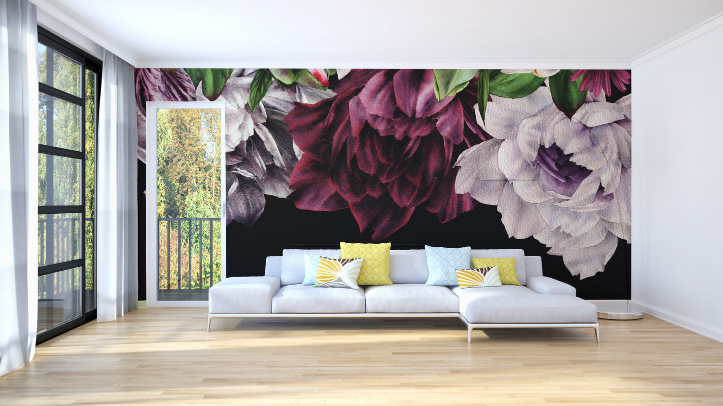 Gothic floral art mural featuring oversized blooms for walls.
