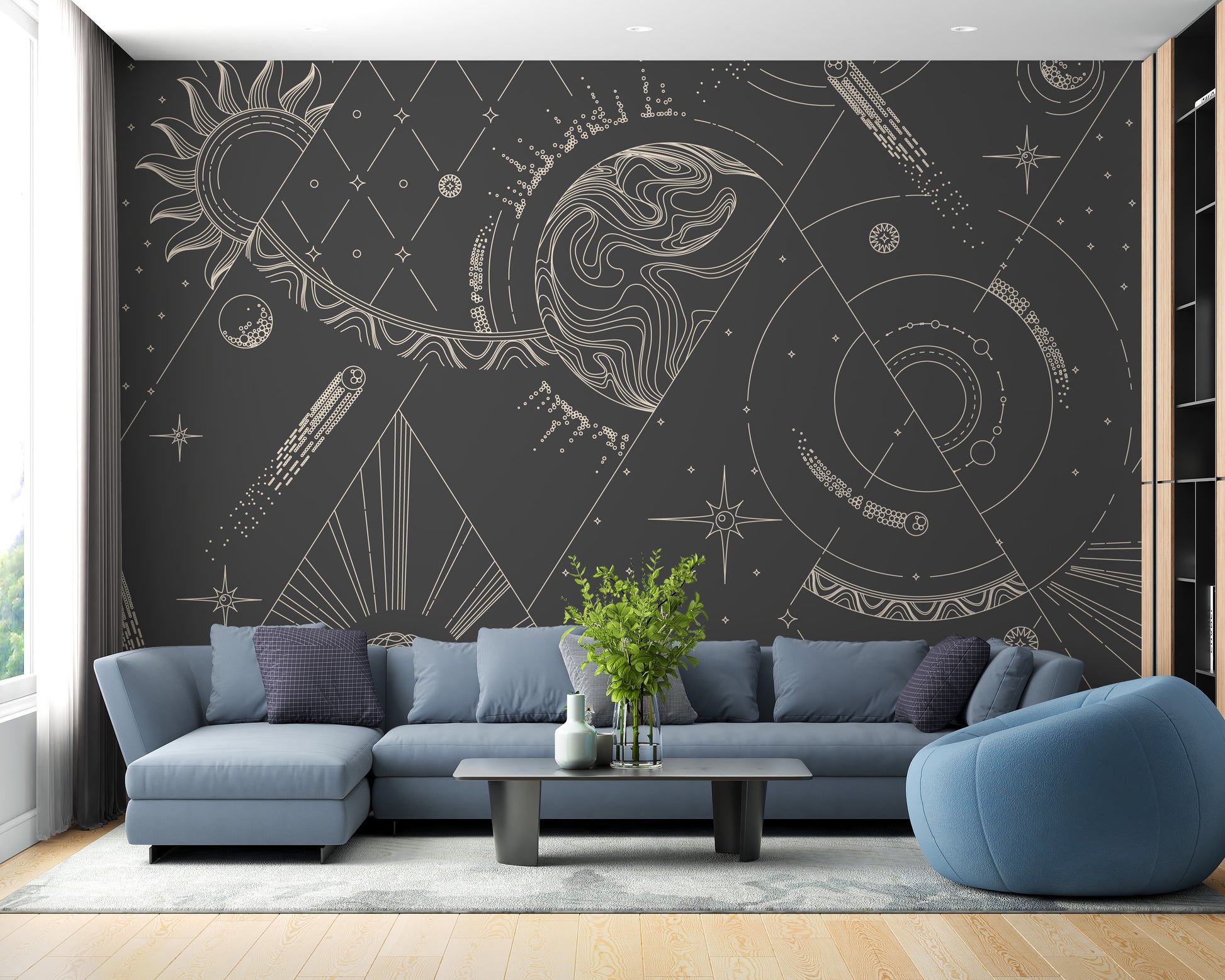 Witchcraft patterns mural for an enchanting and magical ambiance.
