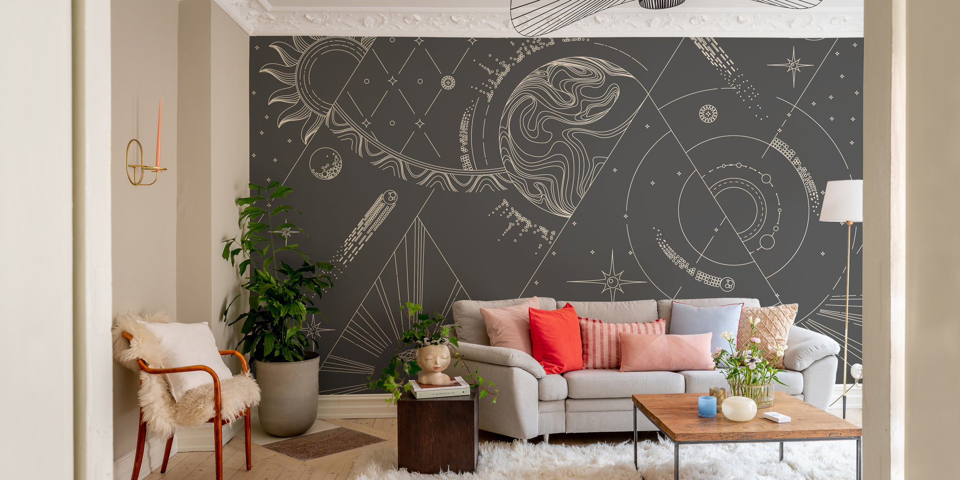 Mystical wall mural showcasing intricate witchcraft patterns.
