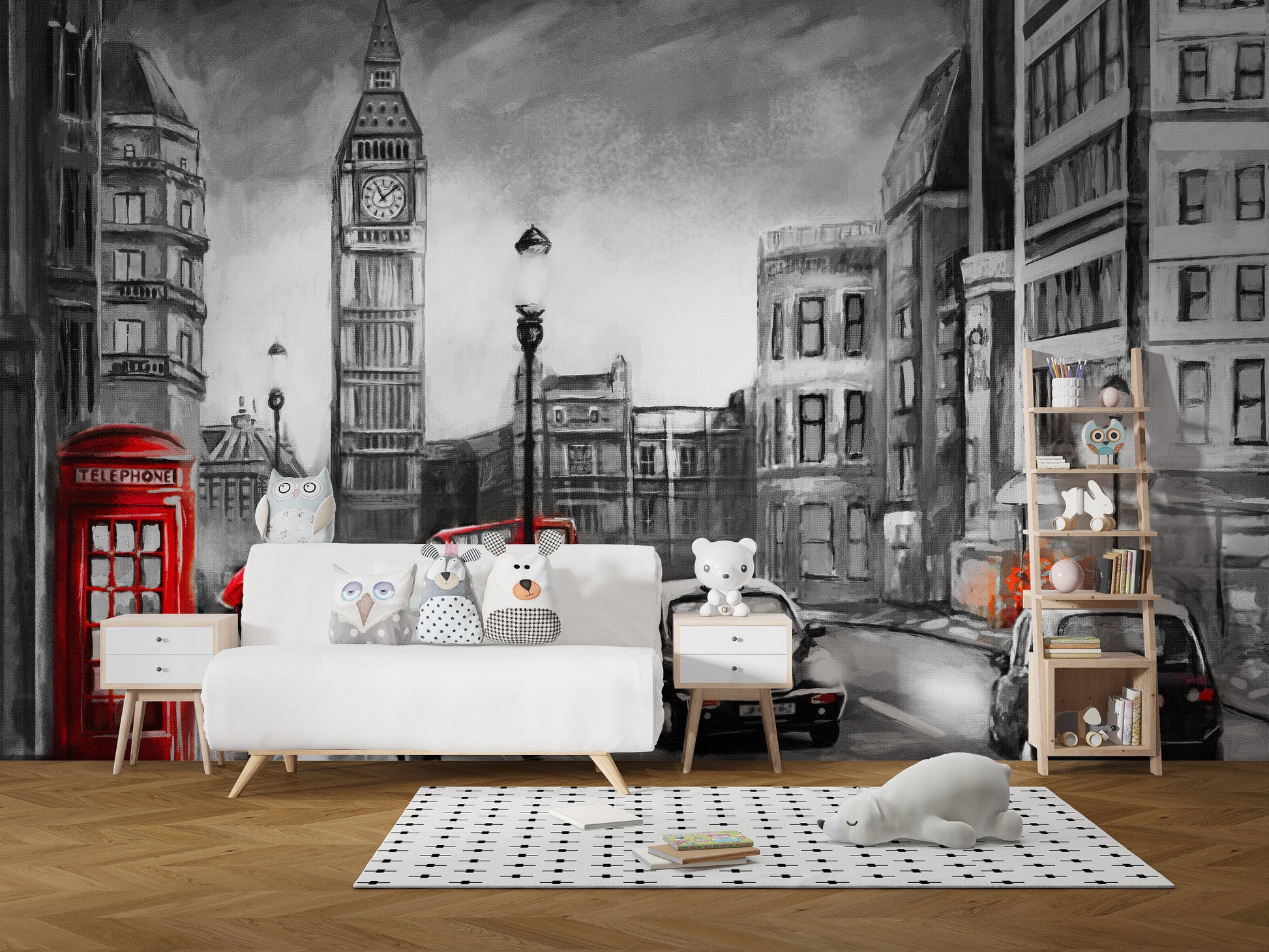 Pencil sketch mural capturing London's charm for elegant spaces.



