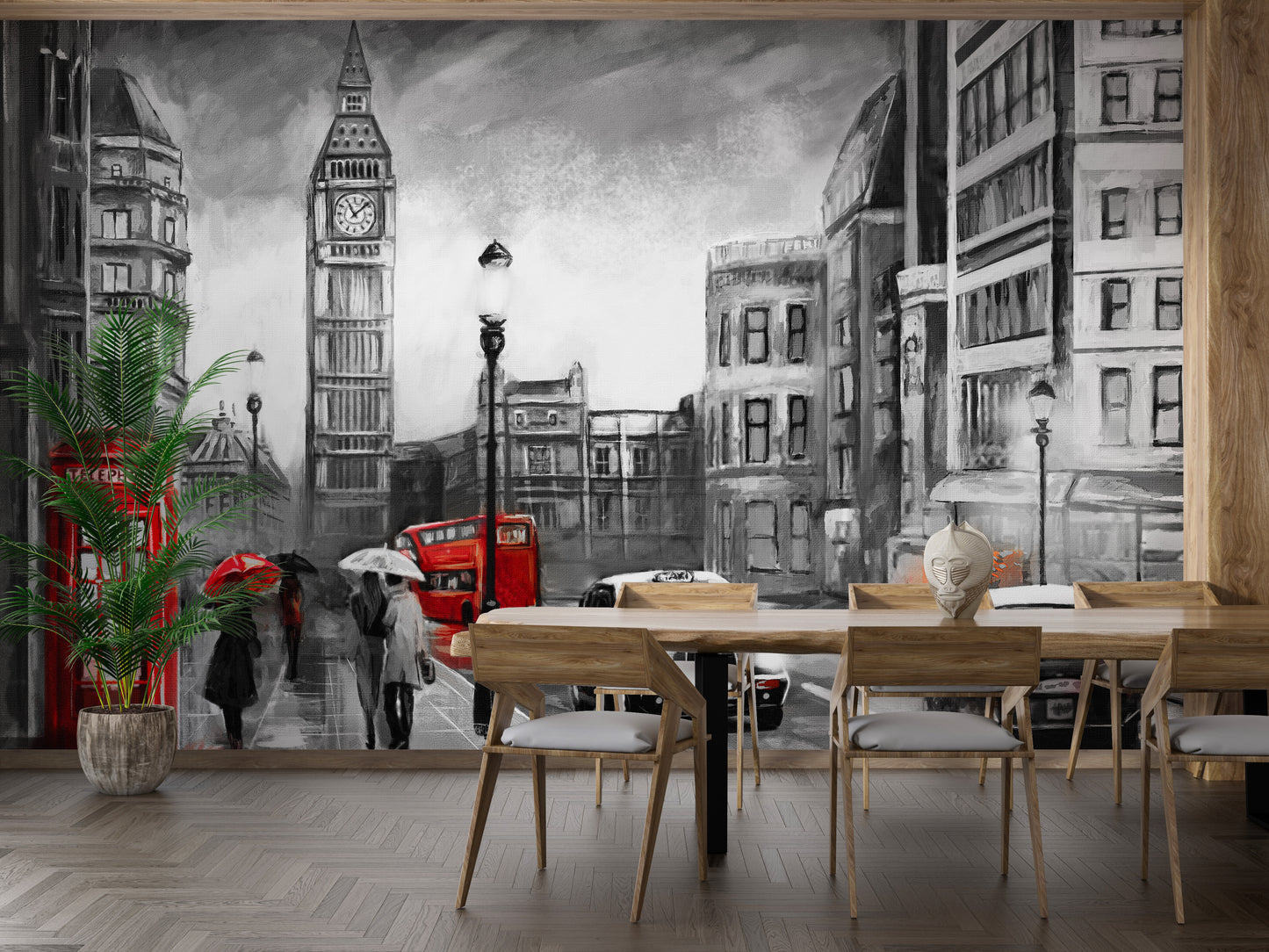 Artistic London view mural with intricate pencil sketch detailing.
