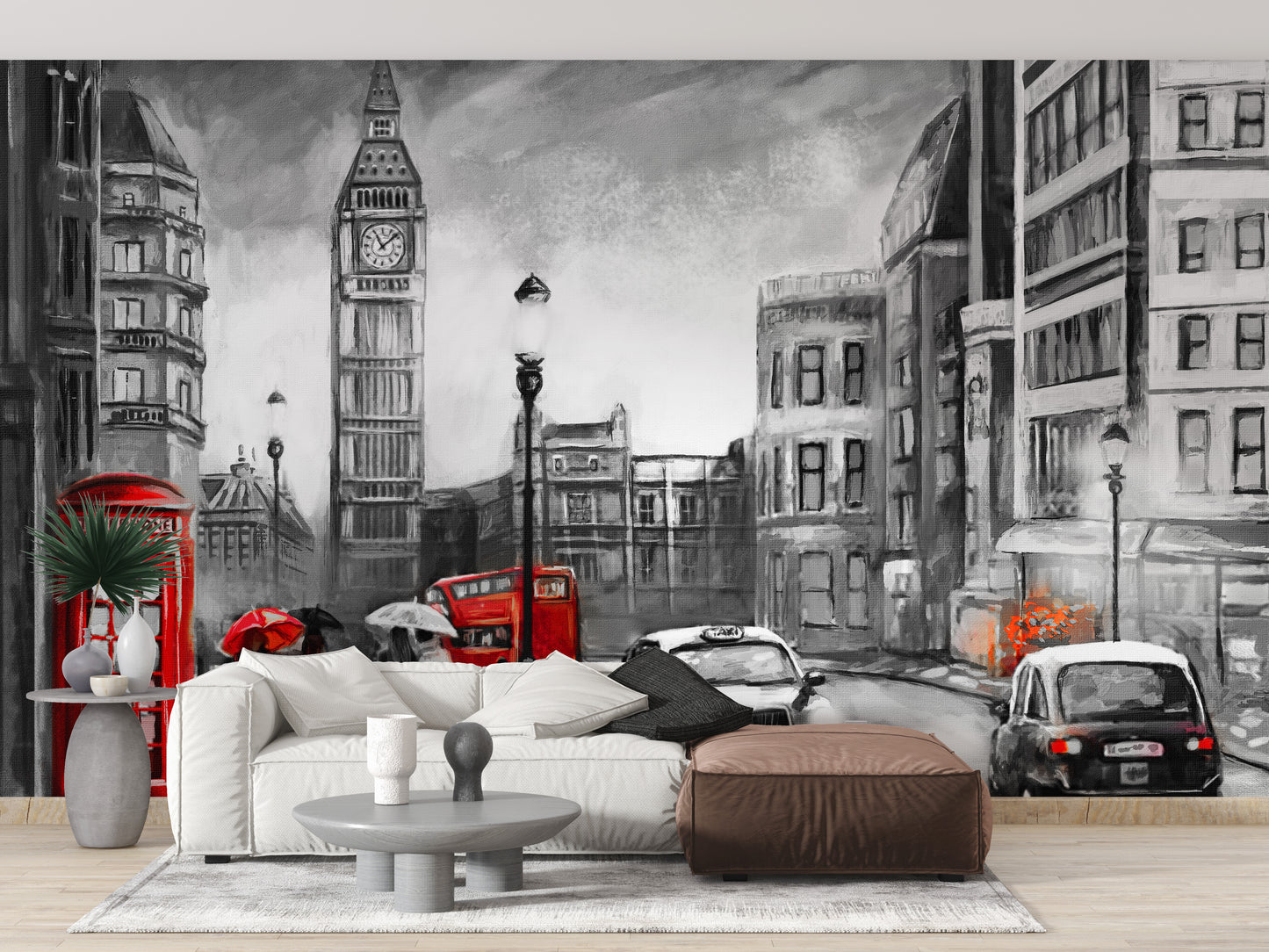 London city skyline mural in pencil sketch for stylish interiors.
