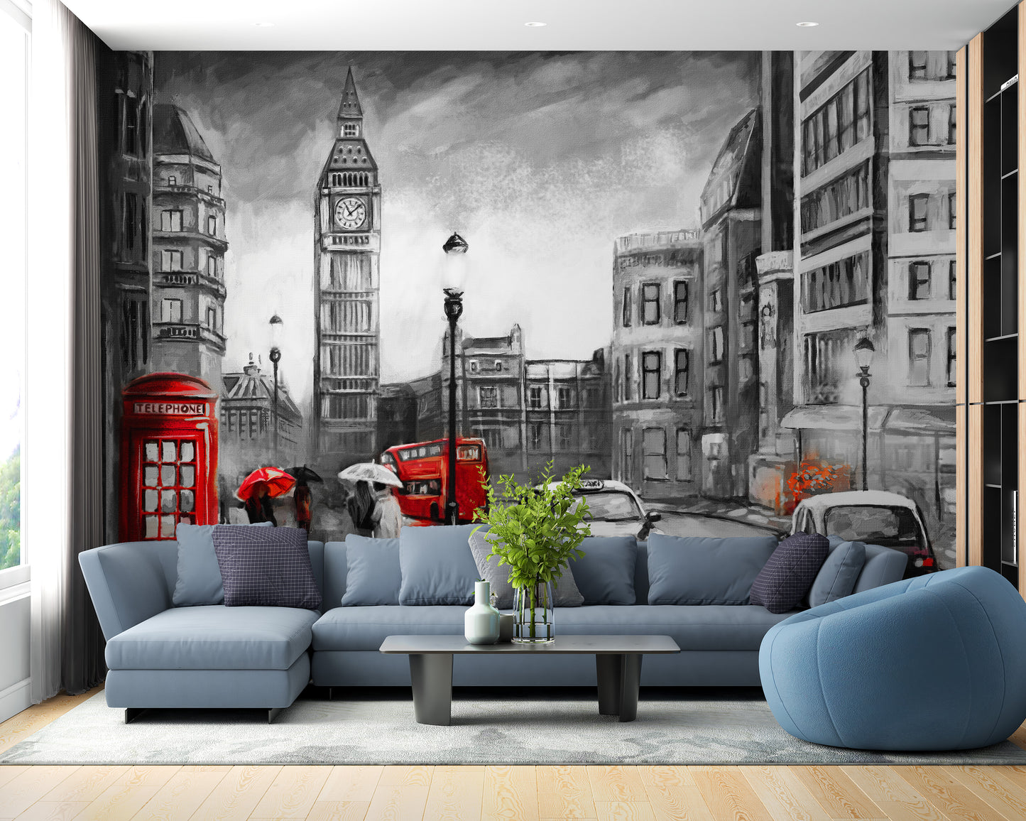 Wall mural with a pencil sketch view of London's landmarks.
