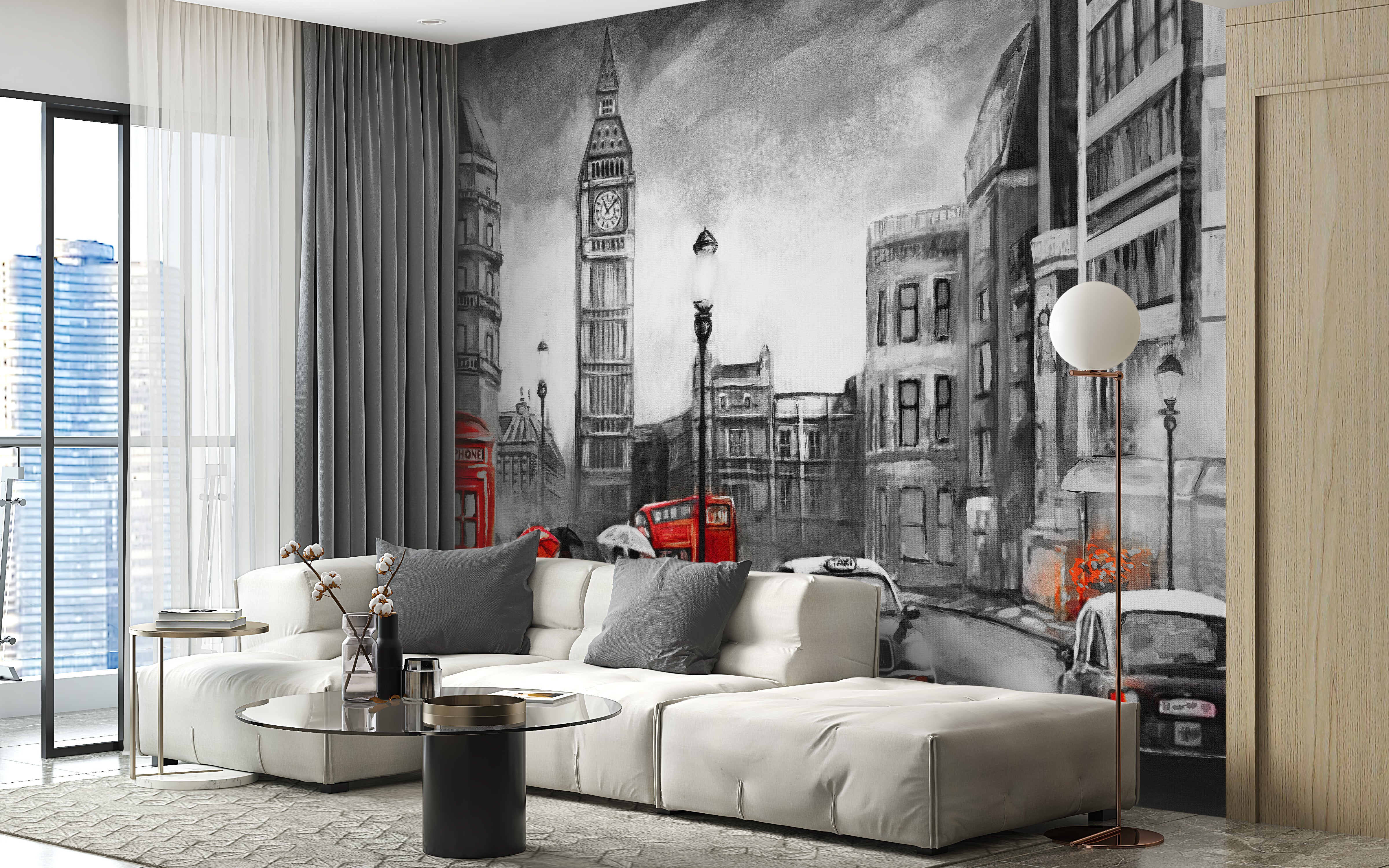 Monochrome pencil sketch mural of London for modern wall decor.
