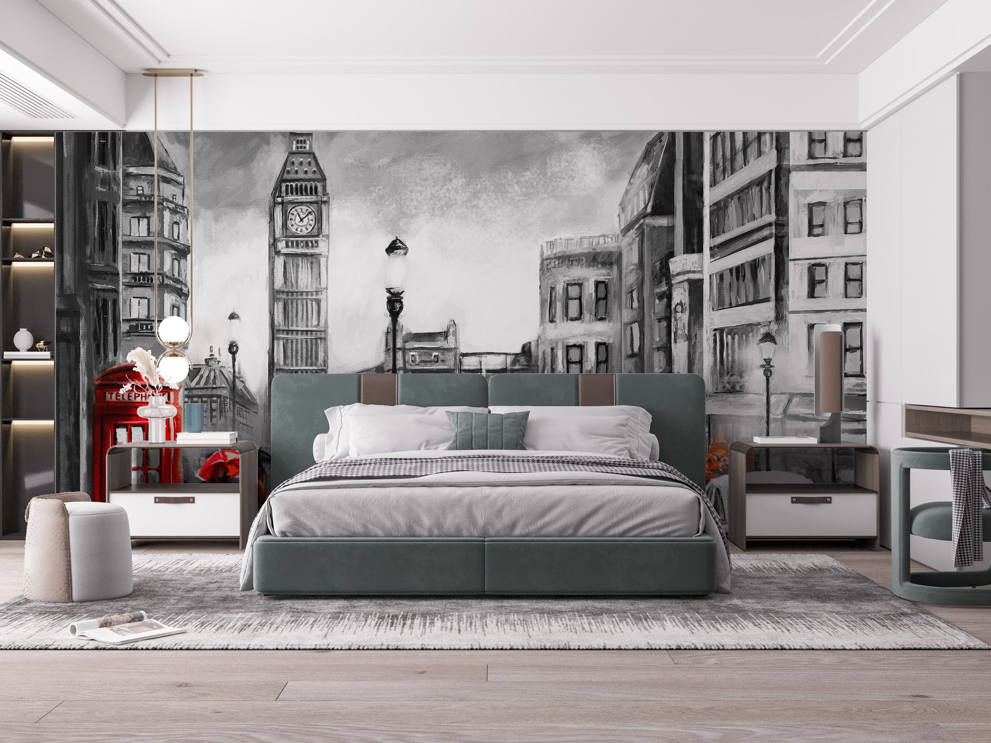 Artistic mural showcasing London's iconic skyline in pencil sketch.
