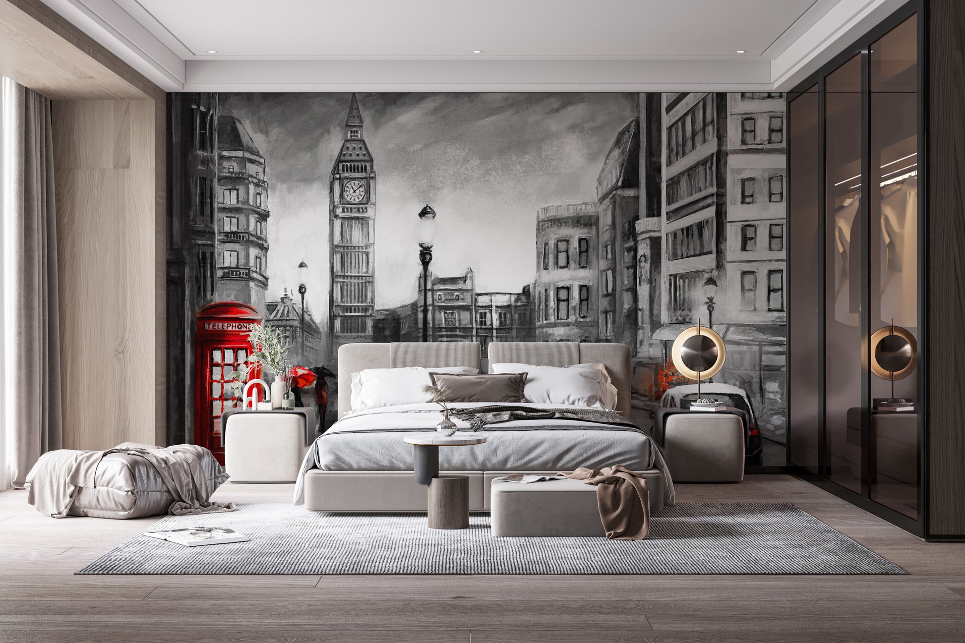 London city view mural with a detailed pencil sketch design.
