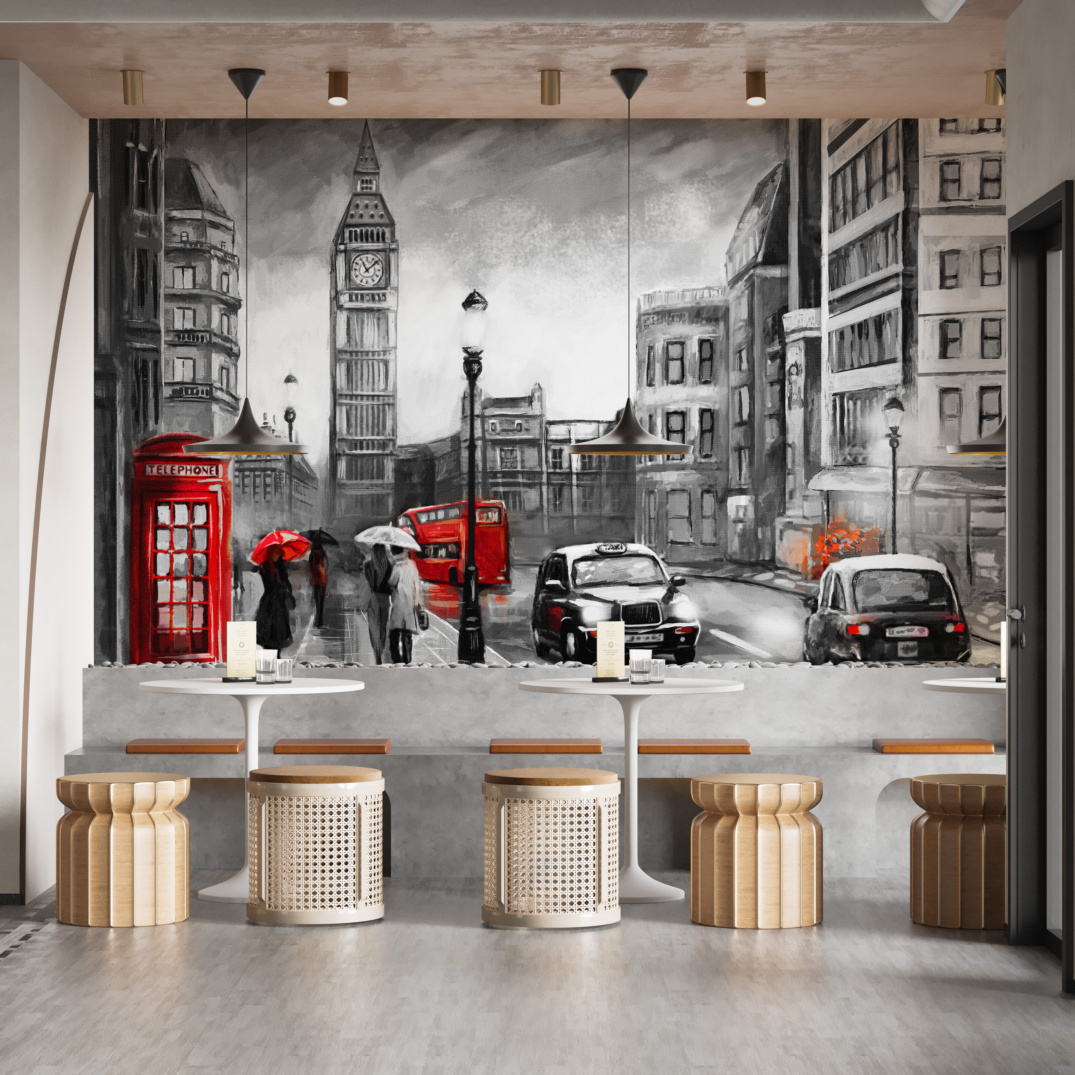 Pencil sketch mural of London city view for artistic wall decor.
