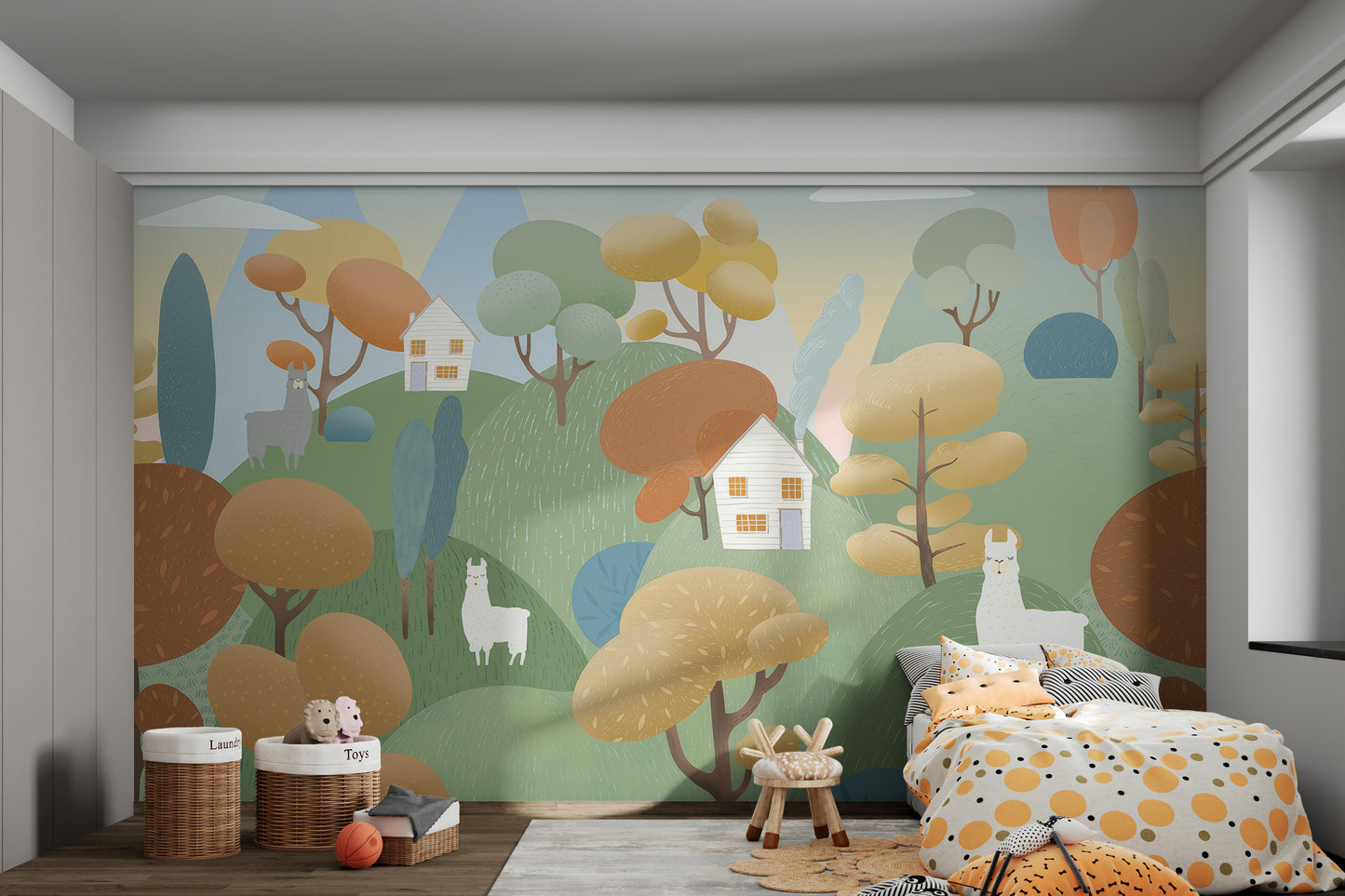 Llama wallpaper for kids featuring soft pastel houses, trees, and rolling green hills.