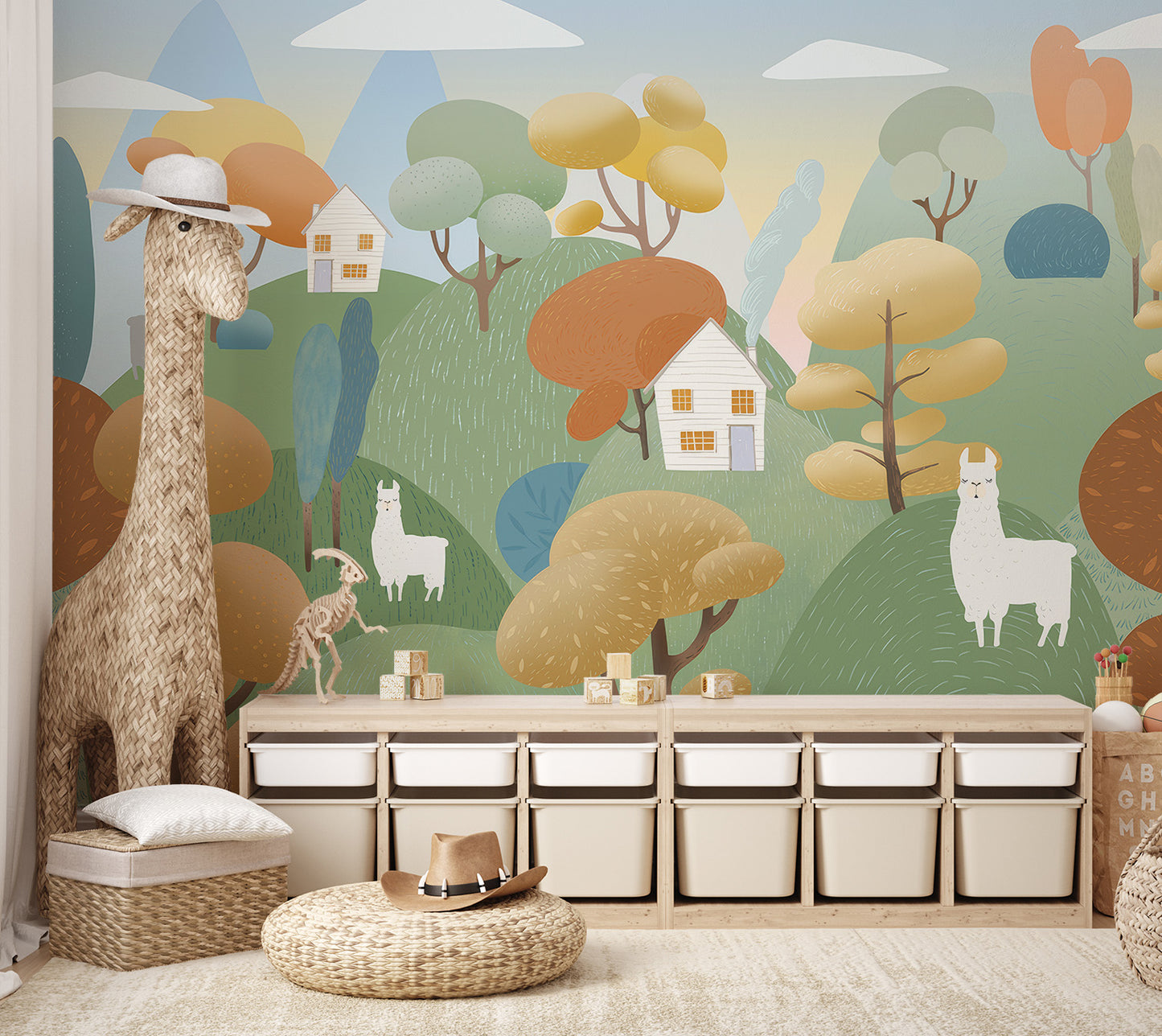 Charming wallpaper mural with llamas, rural houses, and colorful trees on green slopes.