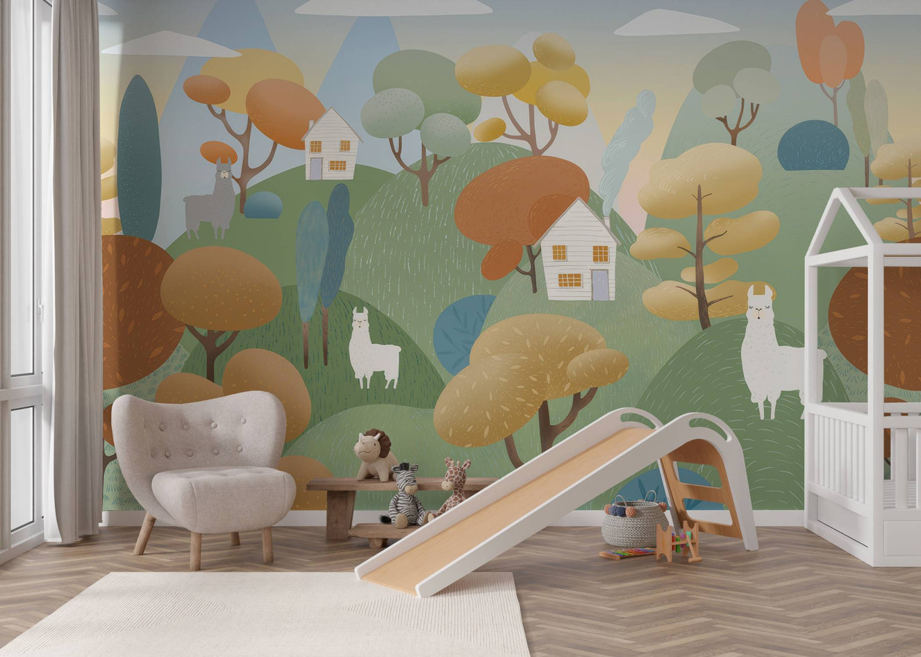 Whimsical mural of llamas on green rolling hills with cozy white houses and autumn trees.