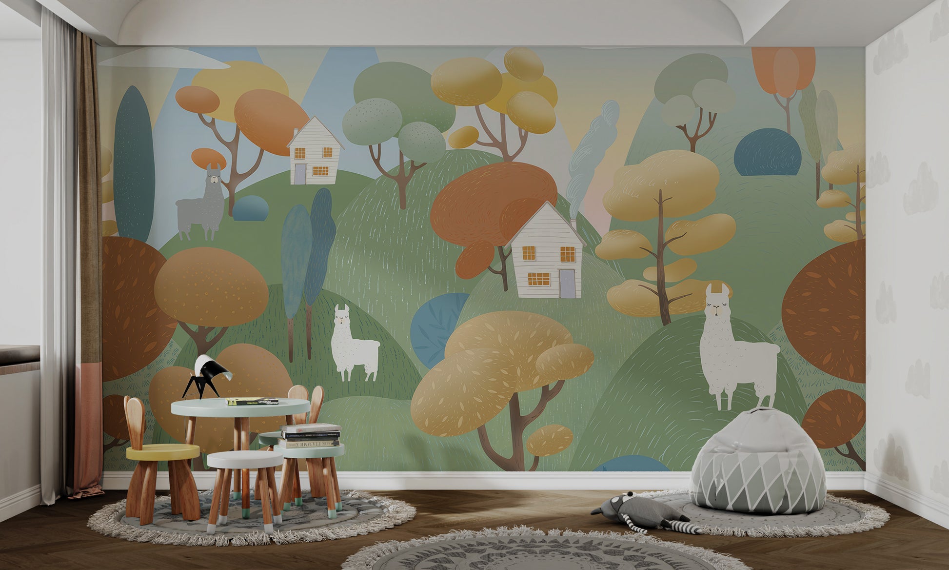 Wallpaper mural with peaceful llamas, small houses, and abstract trees in muted tones.