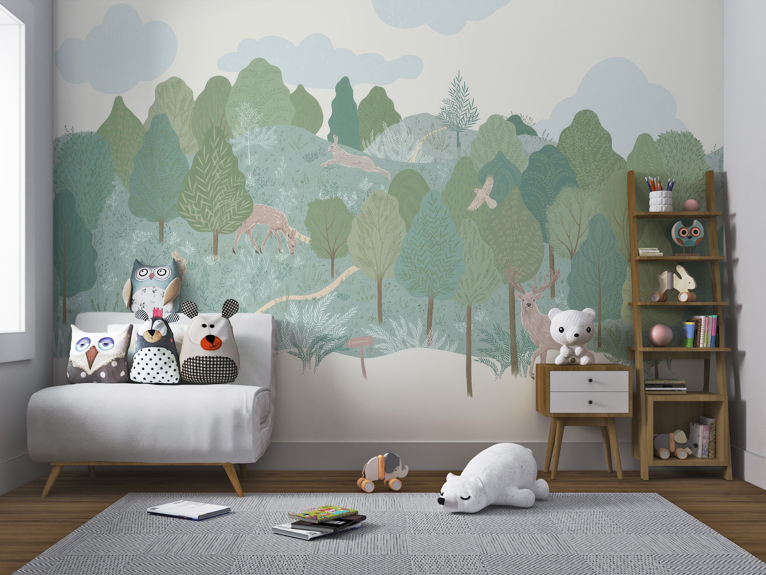 Scenic woodland wallpaper featuring wildlife with deer, hare, and dense foliage.