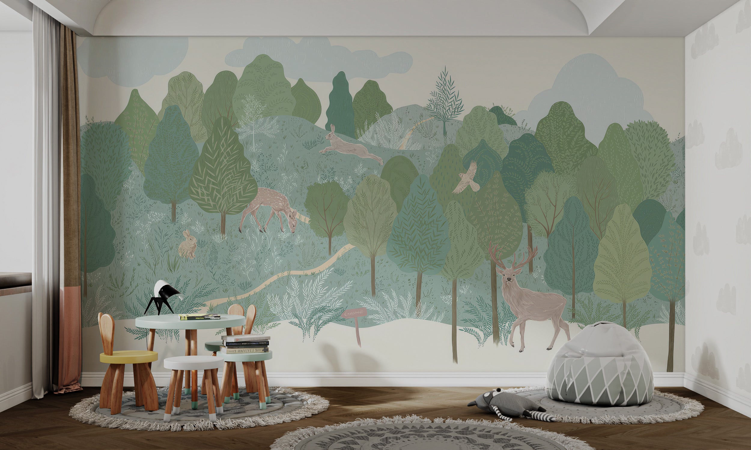 Deer and birds roam among green trees in a whimsical forest scene wallpaper.