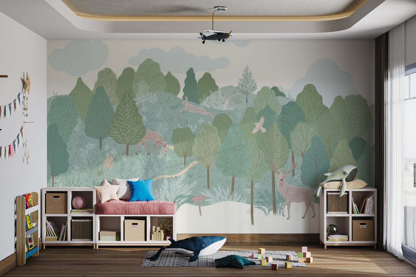 Playful forest scene featuring animals and soft green tones for walls.