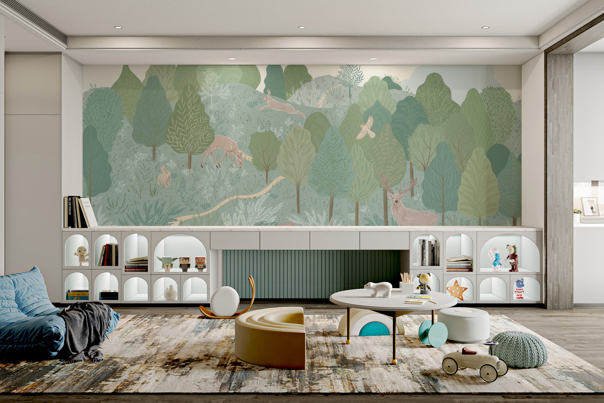 Illustrated wallpaper with a deer, bird, and hare in a serene forest landscape.