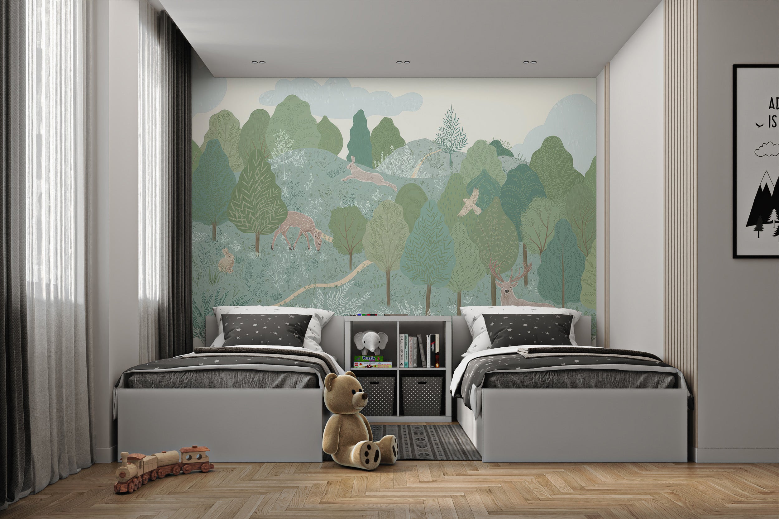 Forest-themed wallpaper with layered trees and animals in a calming green palette.