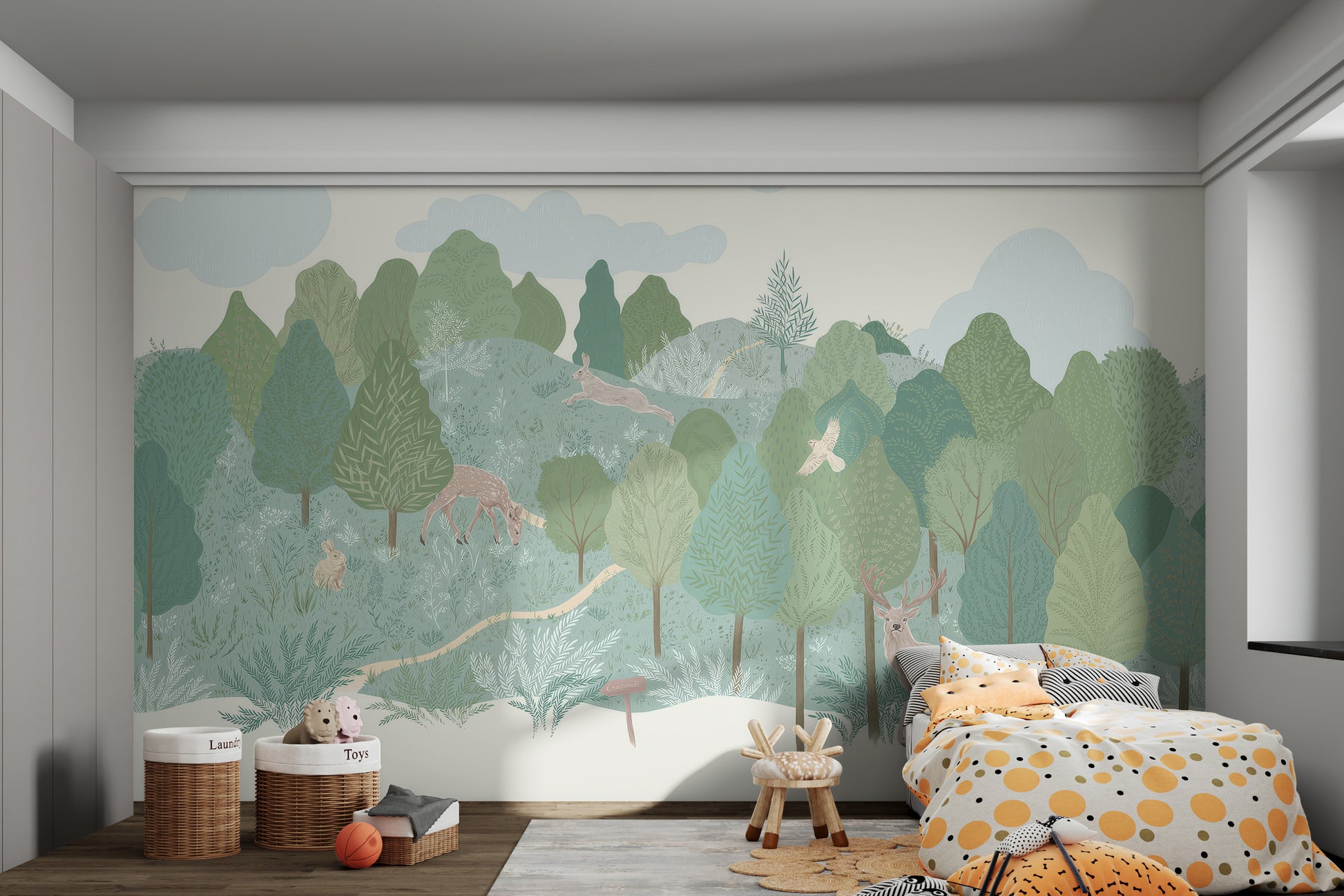 Nature-inspired wallpaper with animals and plants in soft green shades.