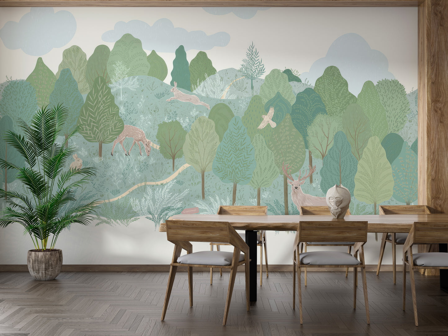 Playful forest scene featuring animals and soft green tones for walls.