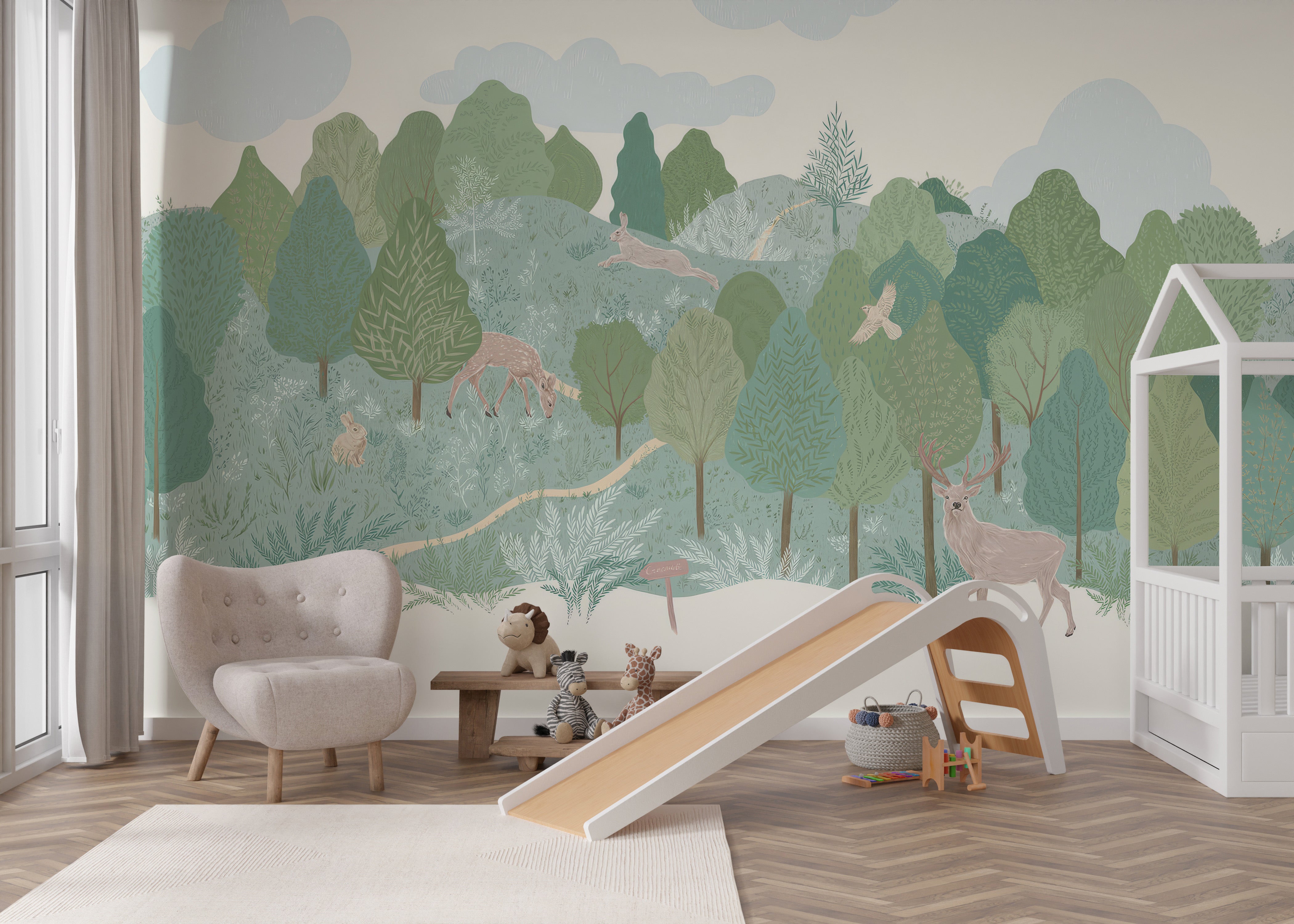 Illustrated wallpaper with a deer, bird, and hare in a serene forest landscape.