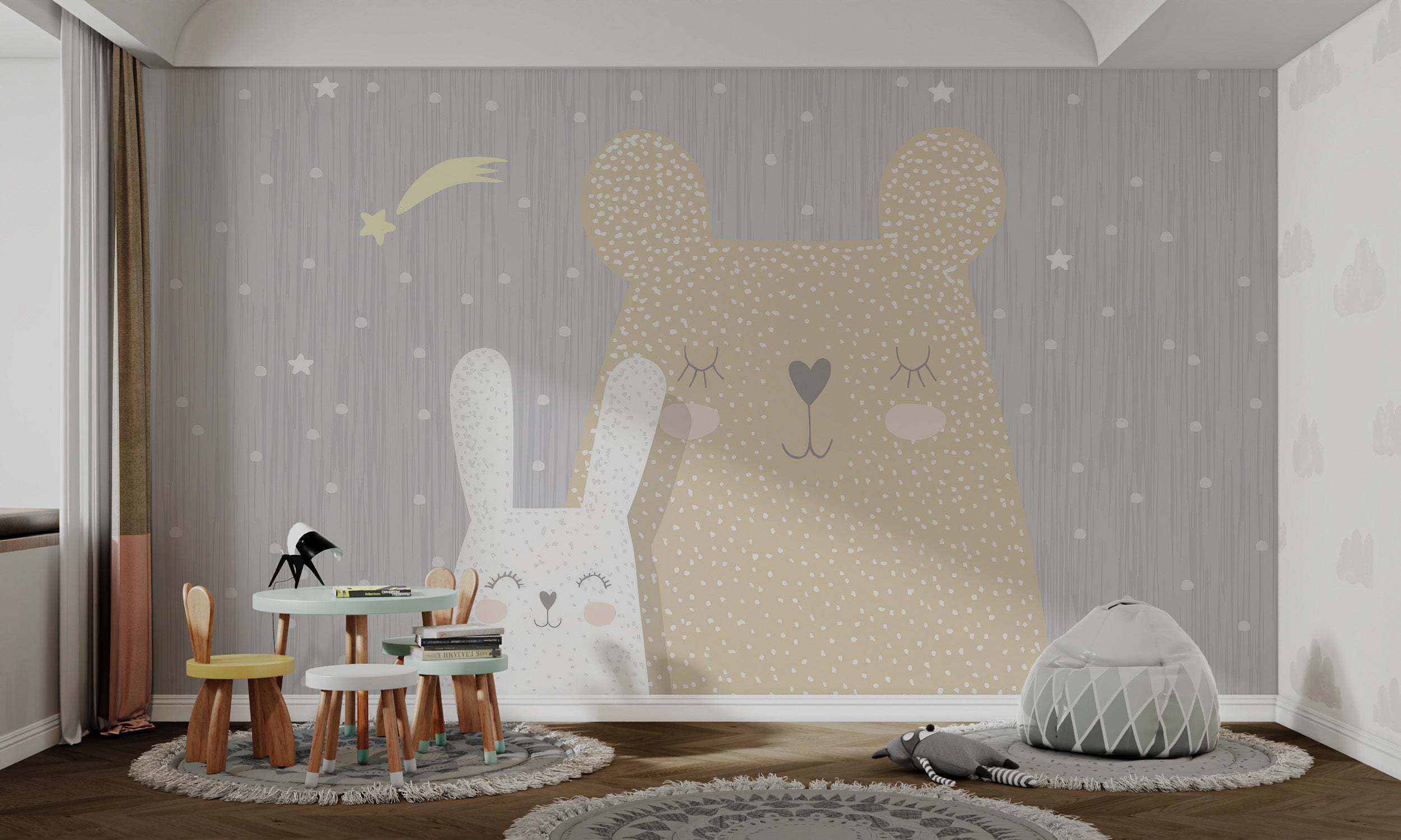 Cute and cozy wallpaper with a sleeping bear and bunny under a whimsical night sky.