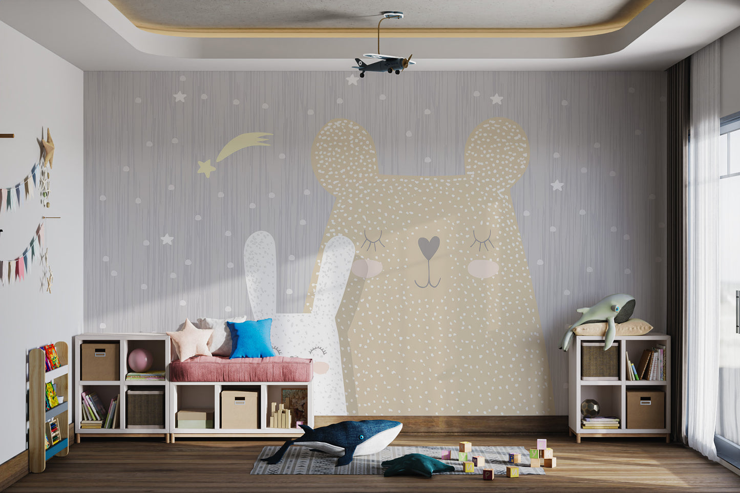 Adorable beige bear and white bunny asleep under a starry sky with a gray textured backdrop.